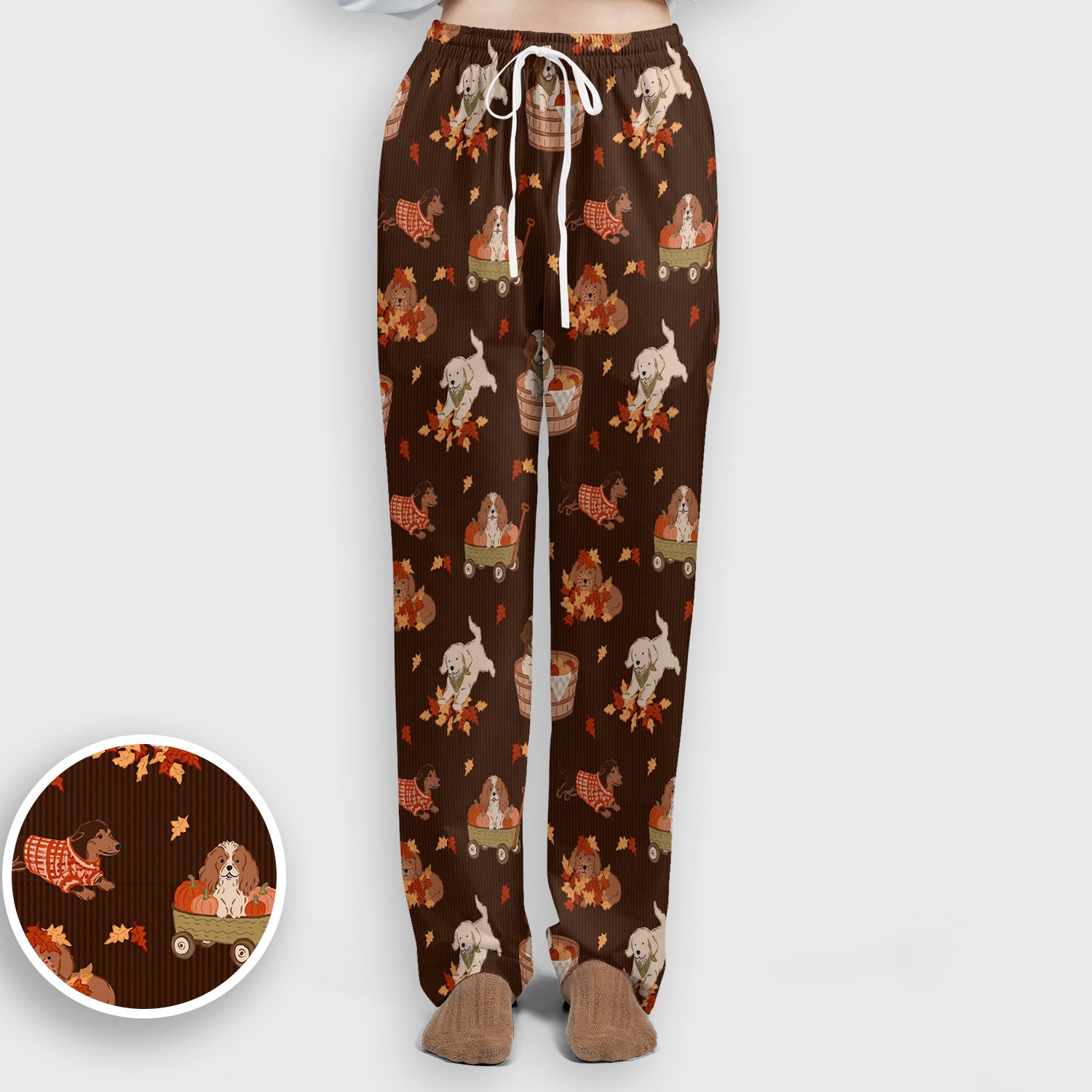 Cute Autumn Dogs And Falling Leaves Scrub Set, Scrub Pants and V Neck Top