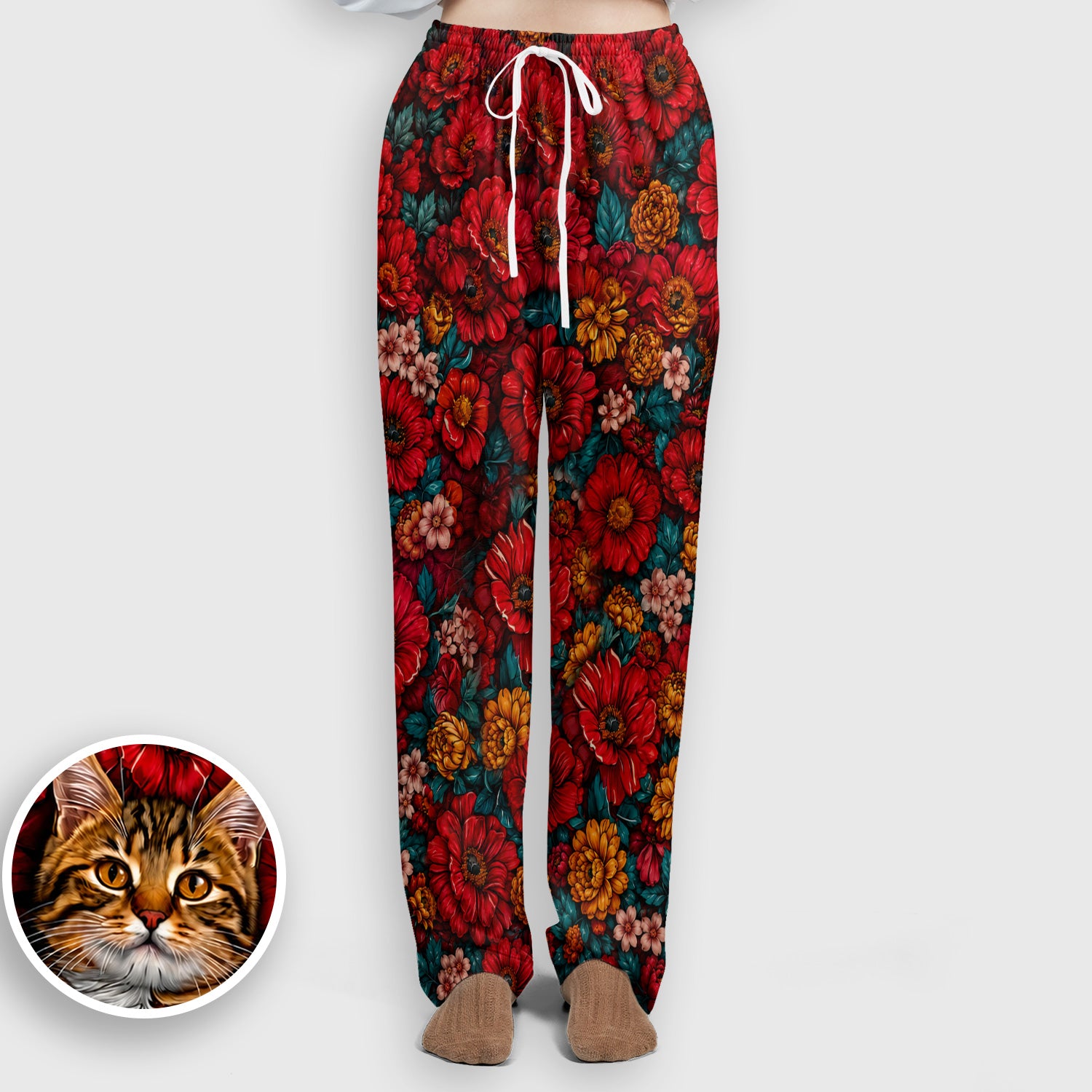 Adorable Tabby Cat Floral Garden Pattern Scrub Set, Scrub Pants and V Neck Top