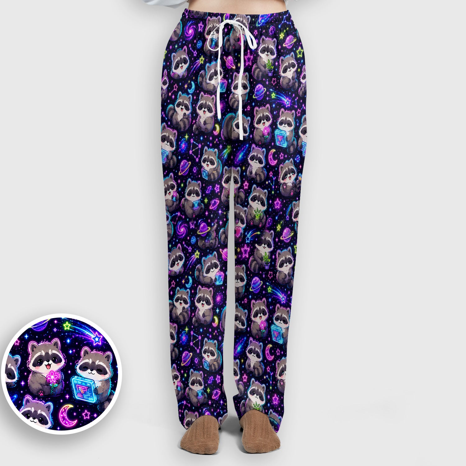 Neon Galaxy Raccoon Space Pattern Scrub Set, Scrub Pants and V Neck Top