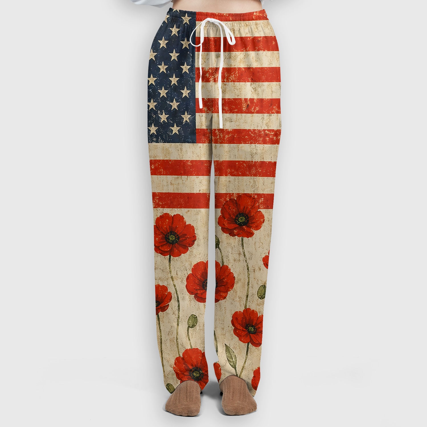 Patriotic American Flag Poppy Flower Pattern Scrub Set, Scrub Pants and V Neck Top