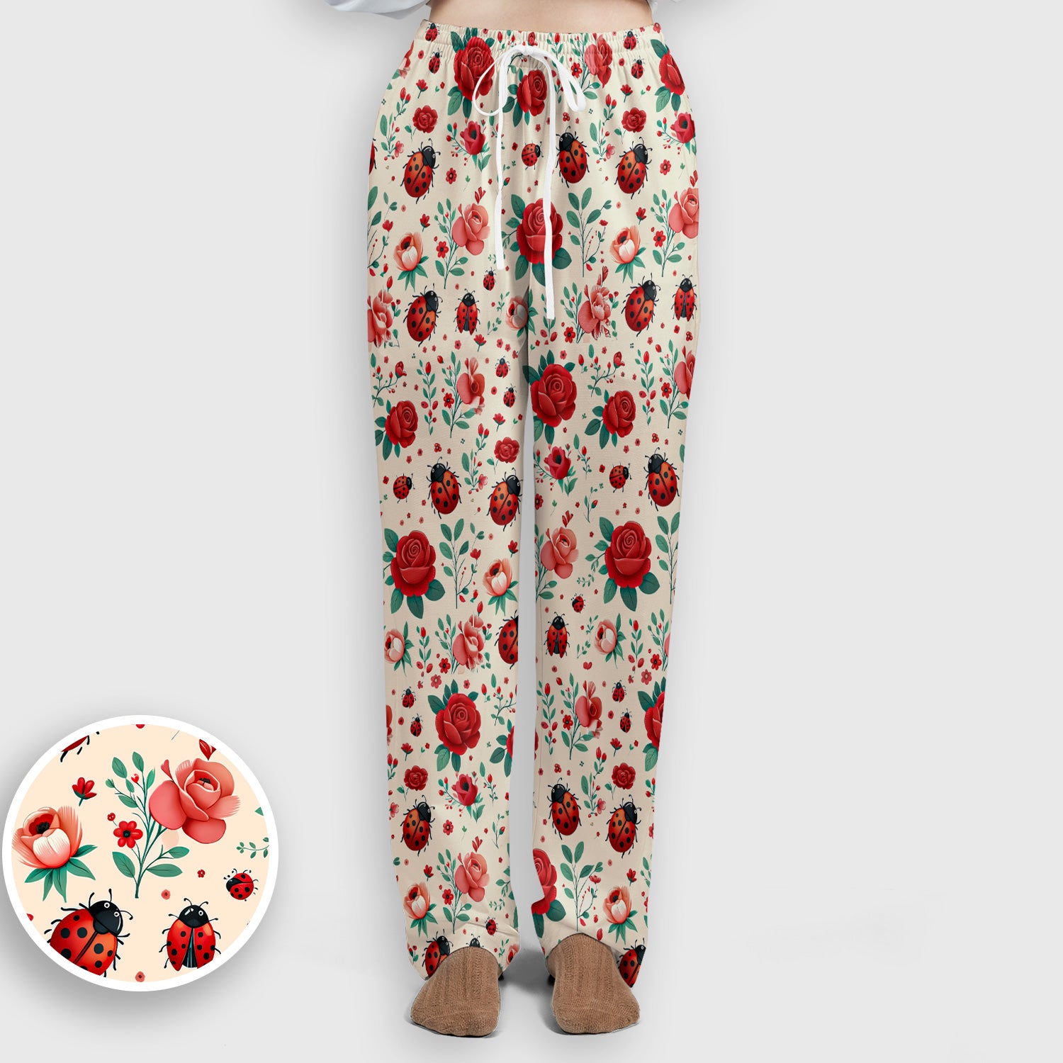 Cute Ladybug Red Rose Floral Pattern Scrub Set, Women's Scrub Sets