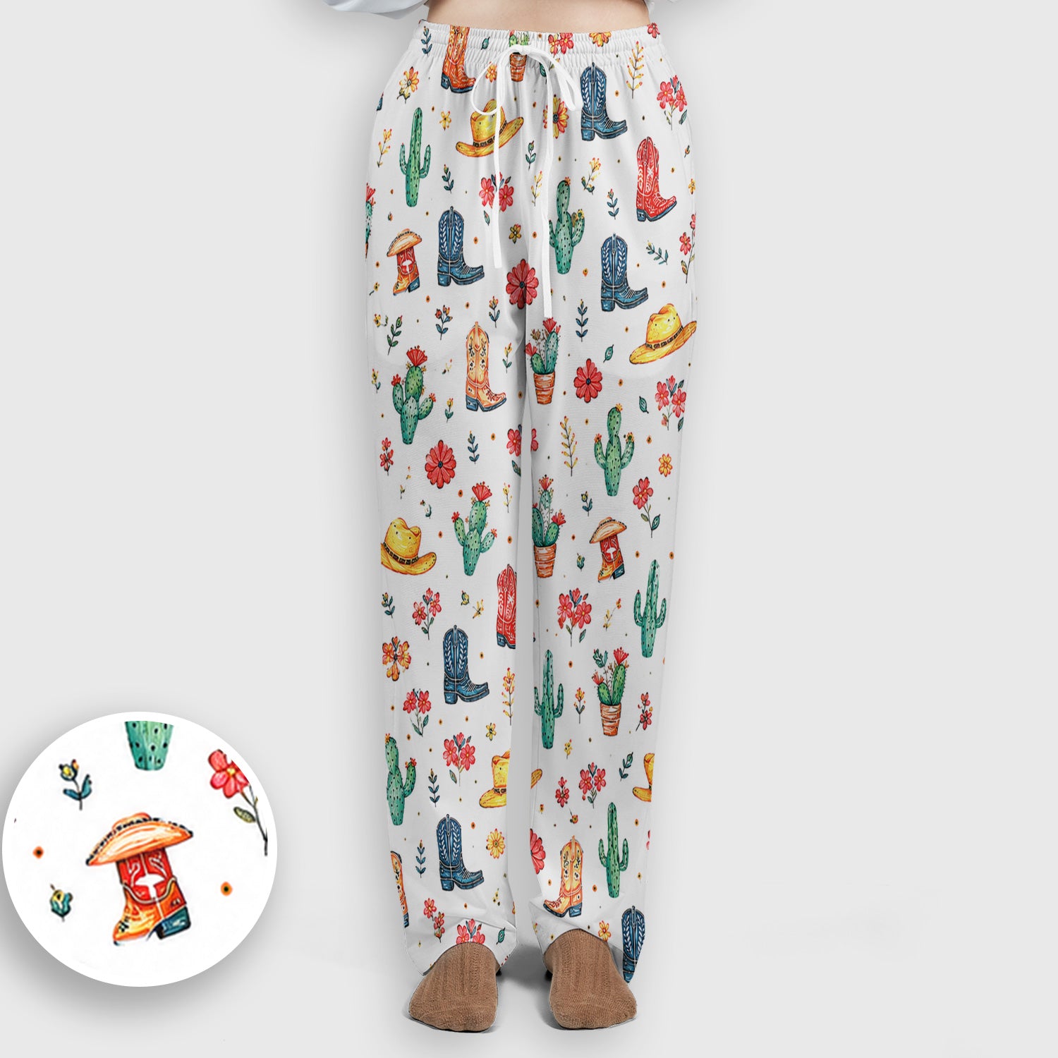 Whimsical Western Cactus Boots Pattern Scrub Set, Scrub Pants and V Neck Top