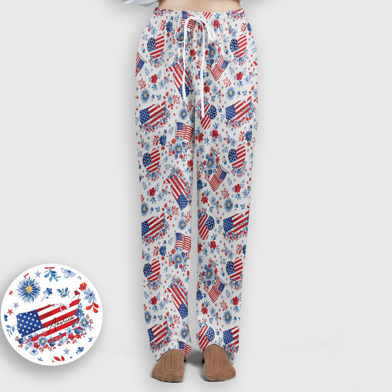 Festive American Flag Heart Floral Pattern Scrub Set, Scrub Pants and V Neck Top