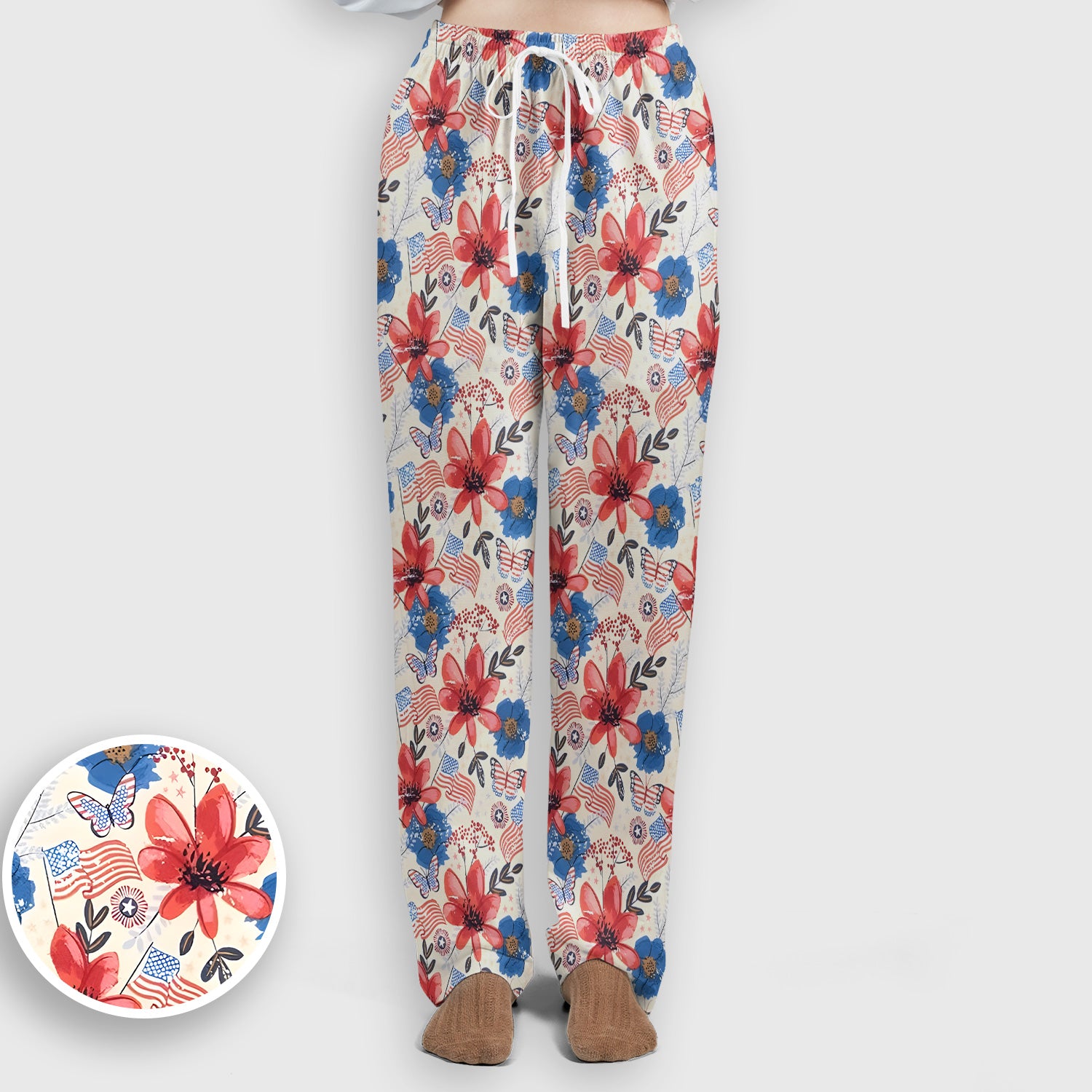 Patriotic Wildflower Flag Butterfly Pattern Scrub Set, Scrub Pants and V Neck Top
