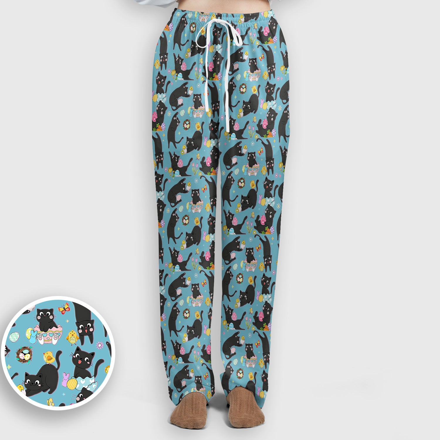 Playful Black Cat Easter Egg Pattern Scrub Set, Scrub Pants and V Neck Top