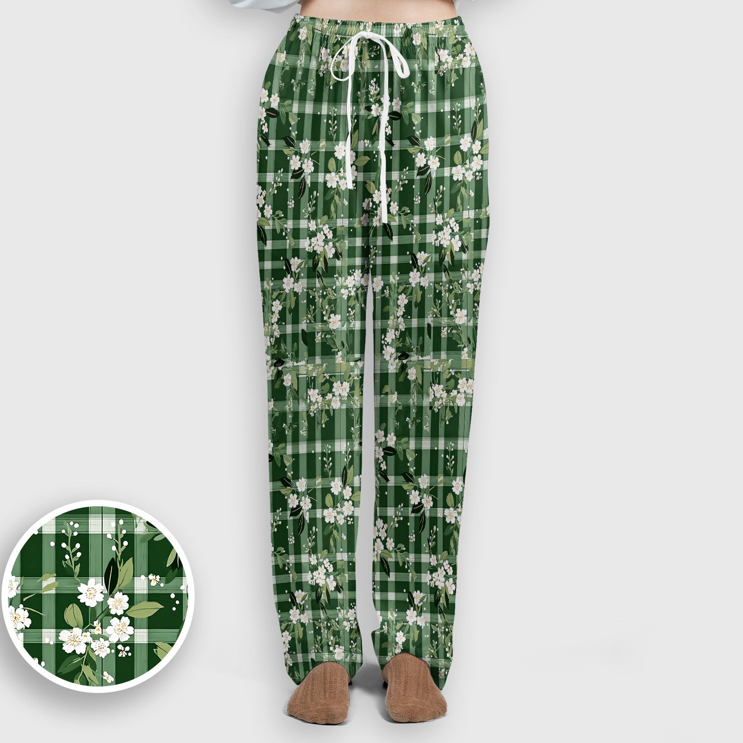 Cute Green Gingham Floral Print Scrub Set, Women's Scrub Sets