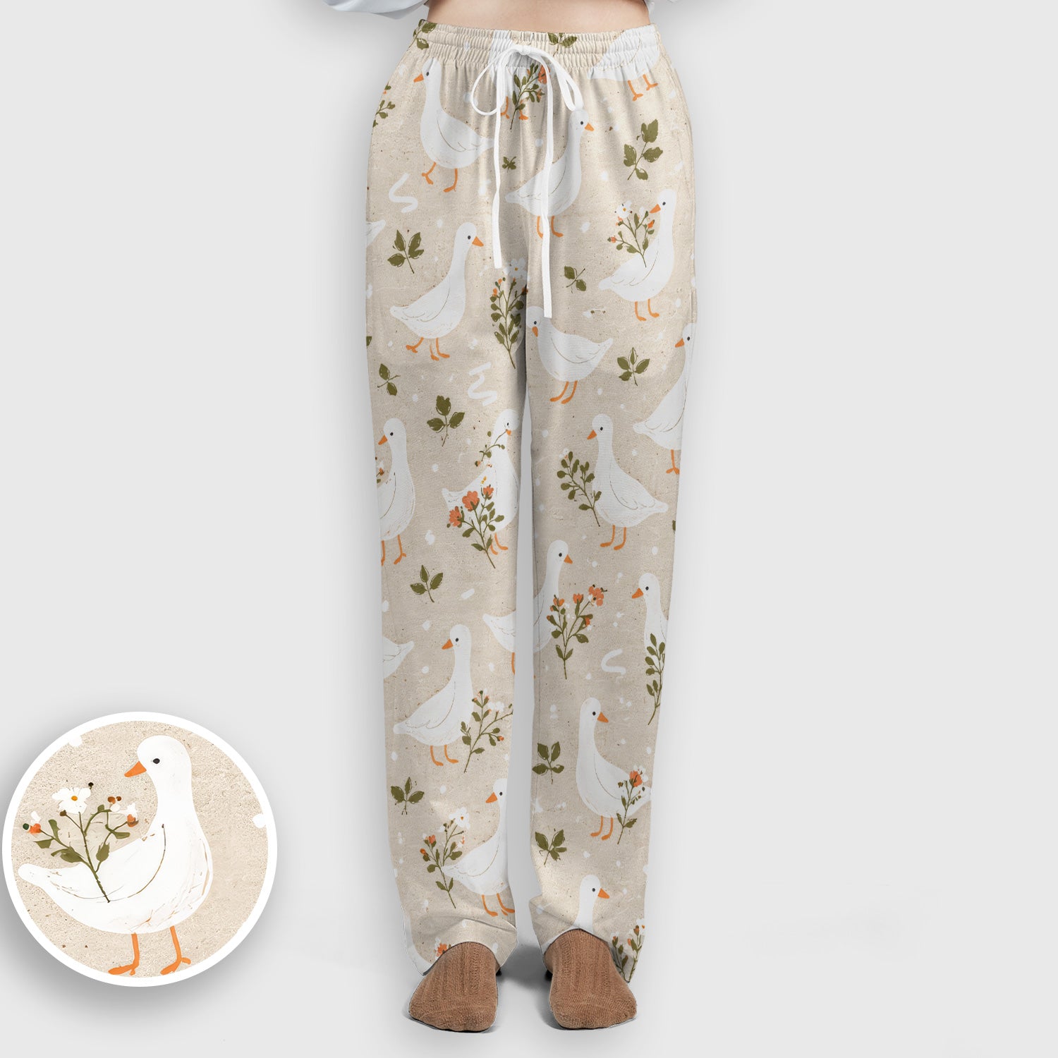 White Goose Floral Meadow Pattern Scrub Set, Scrub Pants and V Neck Top