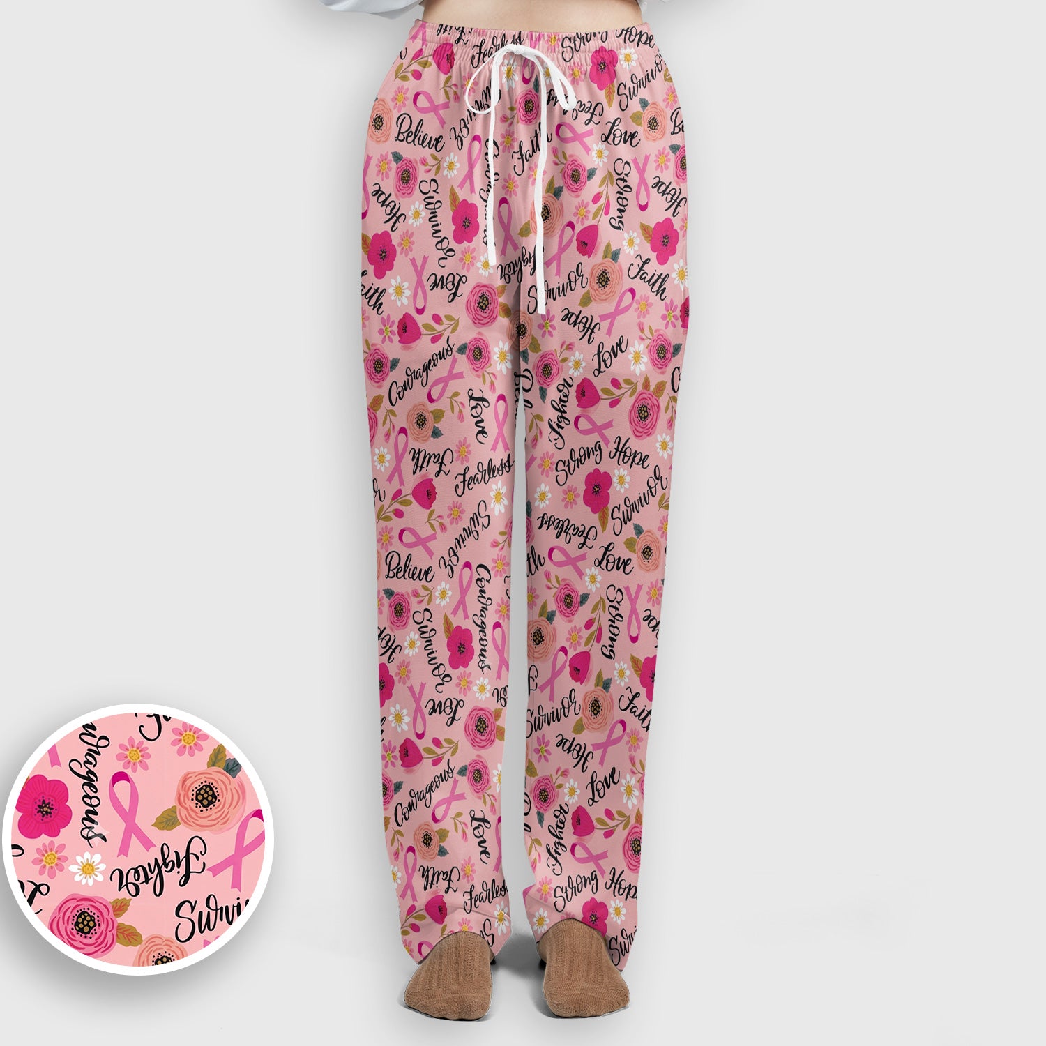 Breast Cancer Awareness Oncology with Pink Ribbon Floral Pattern Scrub Set, Scrub Pants and V Neck Top