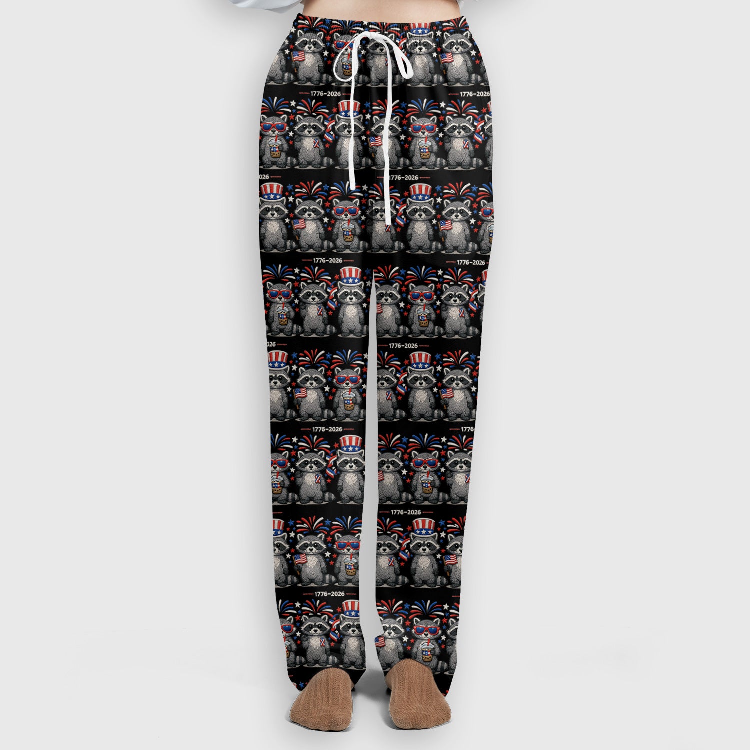 Patriotic Raccoon Fireworks Stripe Pattern Scrub Set, Scrub Pants and V Neck Top