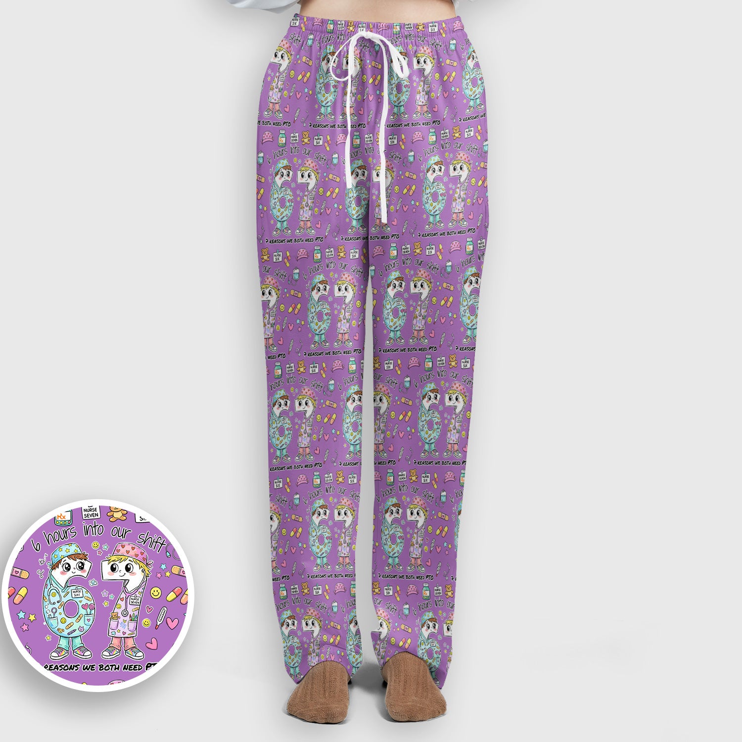 Cartoon Characters Six Hours Into Shift With Medical Doodle Scrub Set, Breathable Med Uniform