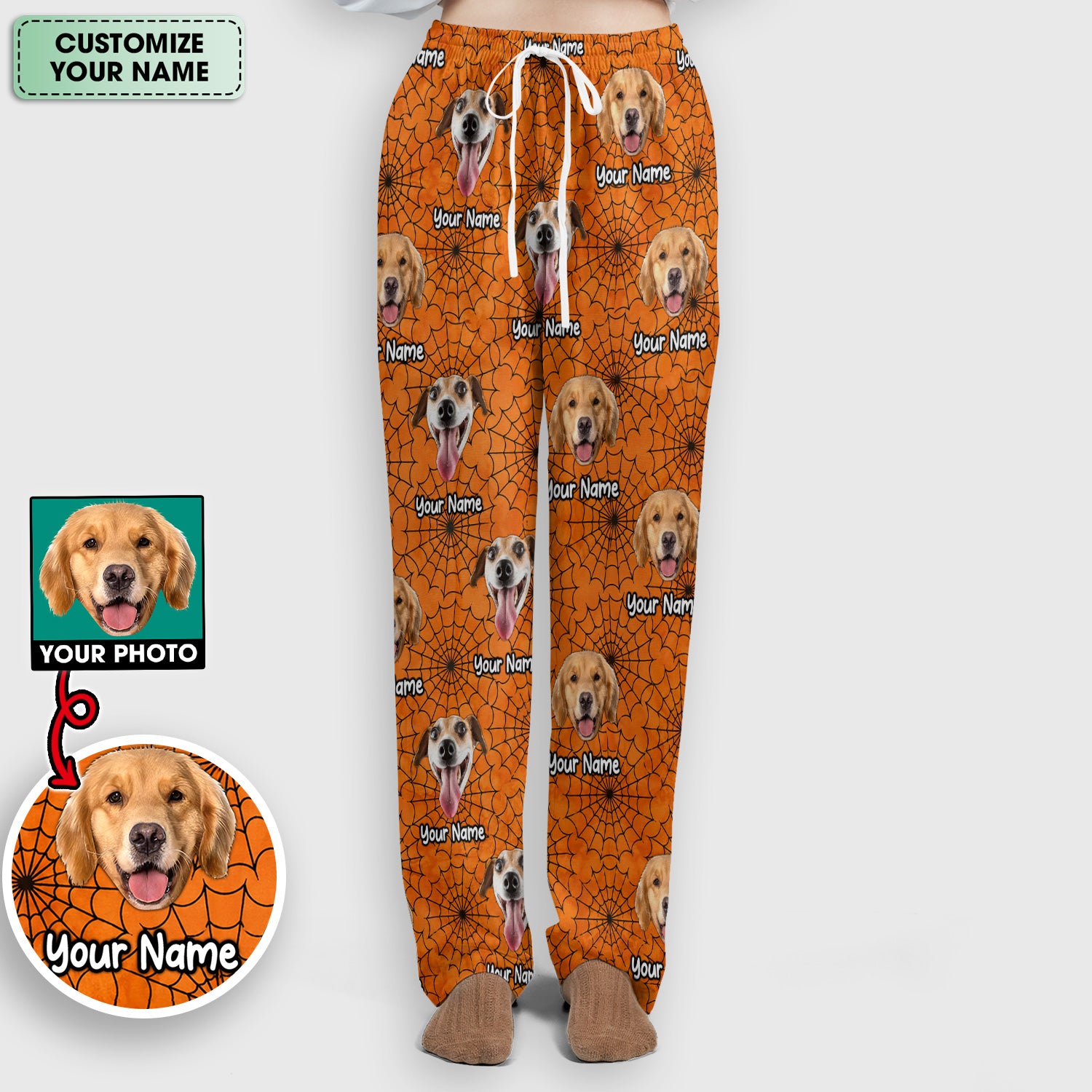 Personalized Halloween Dog Photo Spiderweb Scrub Set, Scrub Pants and V Neck Top