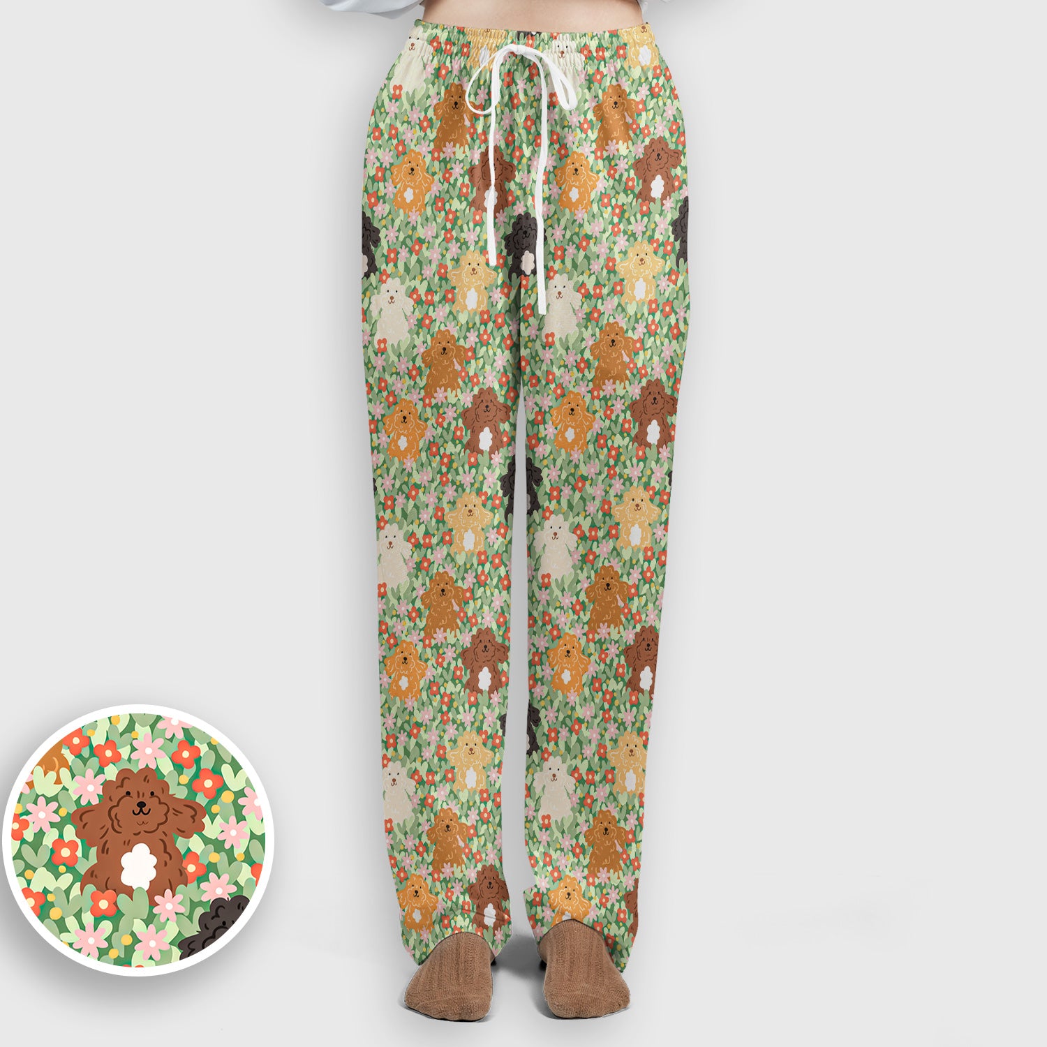 Cute Poodle Dogs Floral Pattern Scrubs Sets, Breathable Med Uniform