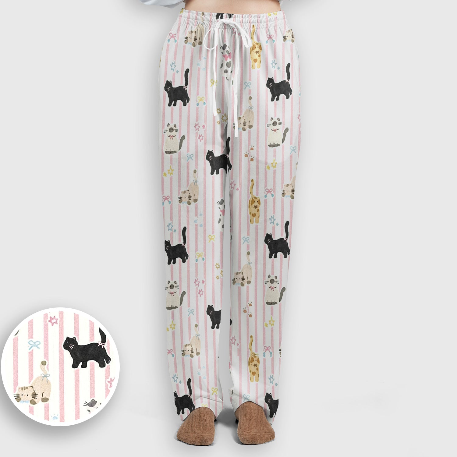 Cute Playful Cat Stripe Ribbon Pattern Scrub Set, Scrub Pants and V Neck Top