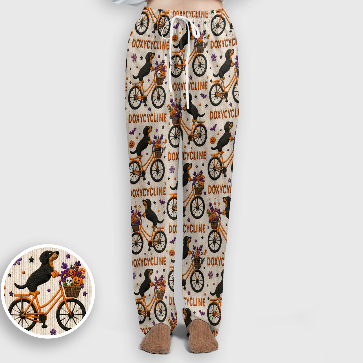 Halloween Dachshund with Doxycycline Bike Print Scrub Set, Scrub Pants and V Neck Top