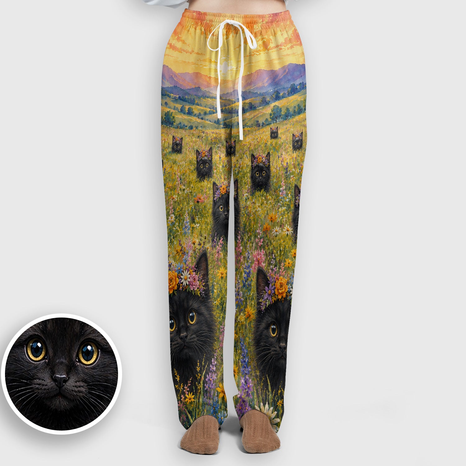 Black Kitten Flower Meadow Pattern Scrub Set, Scrub Pants and V Neck Top