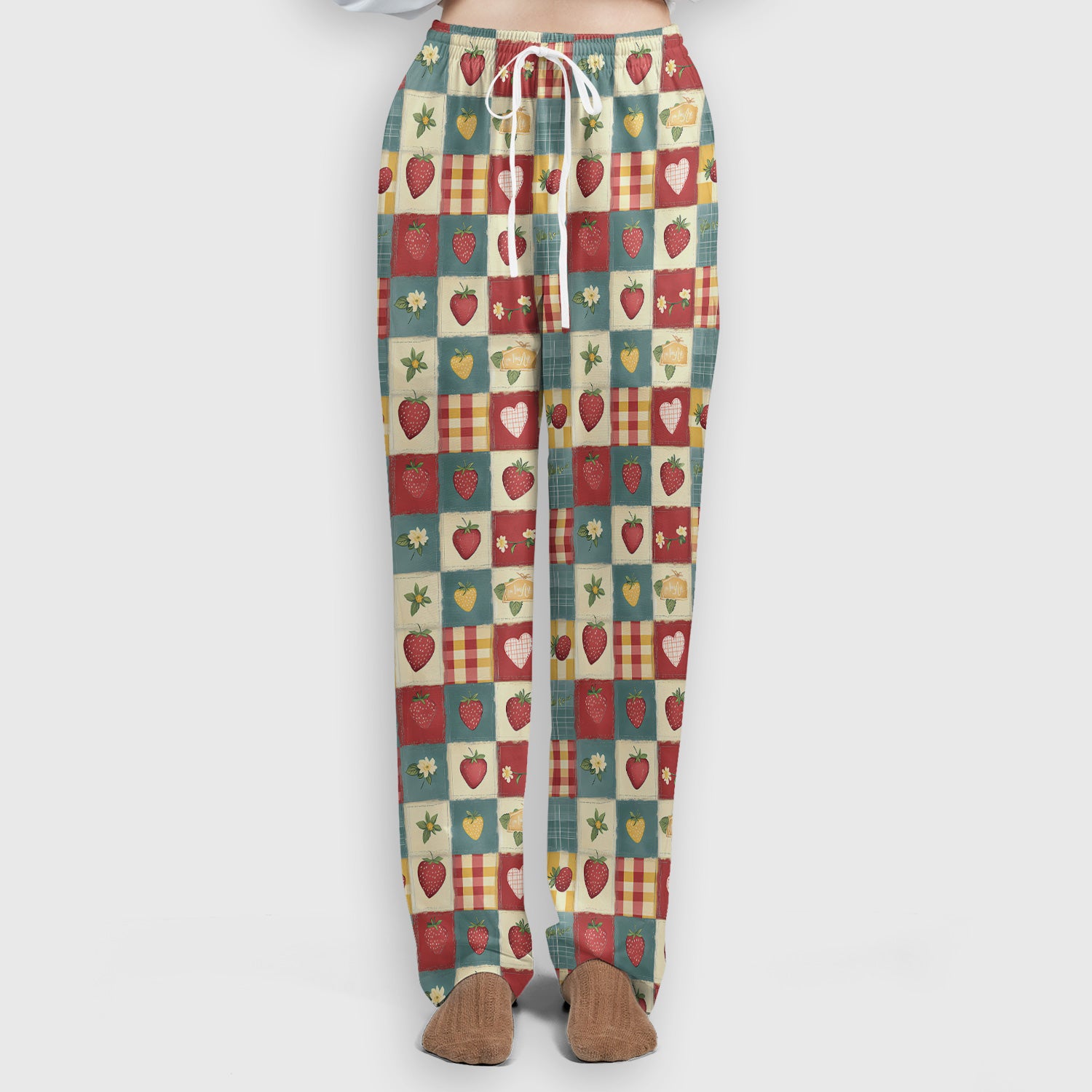 Cute Strawberry Floral Patchwork Pattern Scrubs Sets, Scrub Pants and V Neck Top