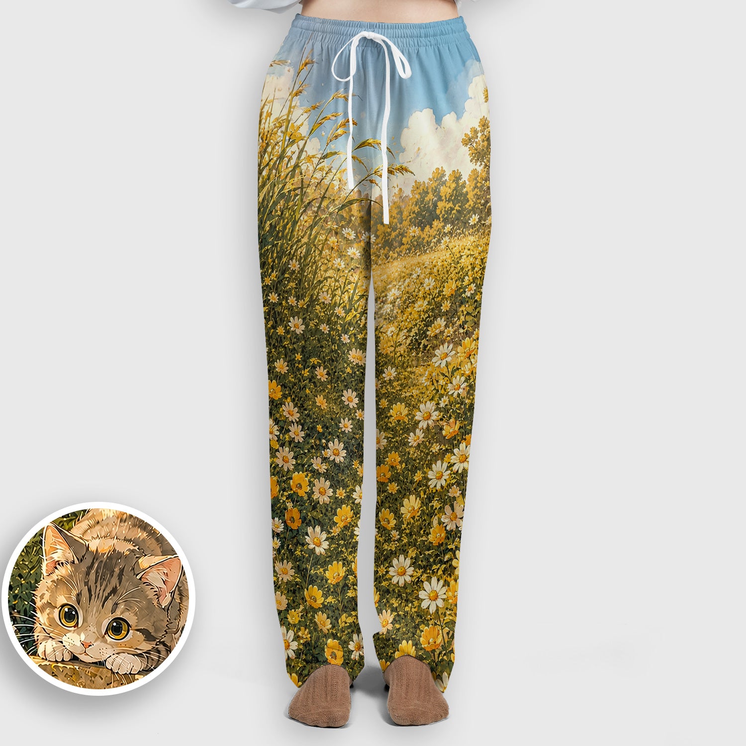 Sunny Garden Cat Nurse Pattern, Floral Medical Scrub Set, Scrub Pants and V Neck Top