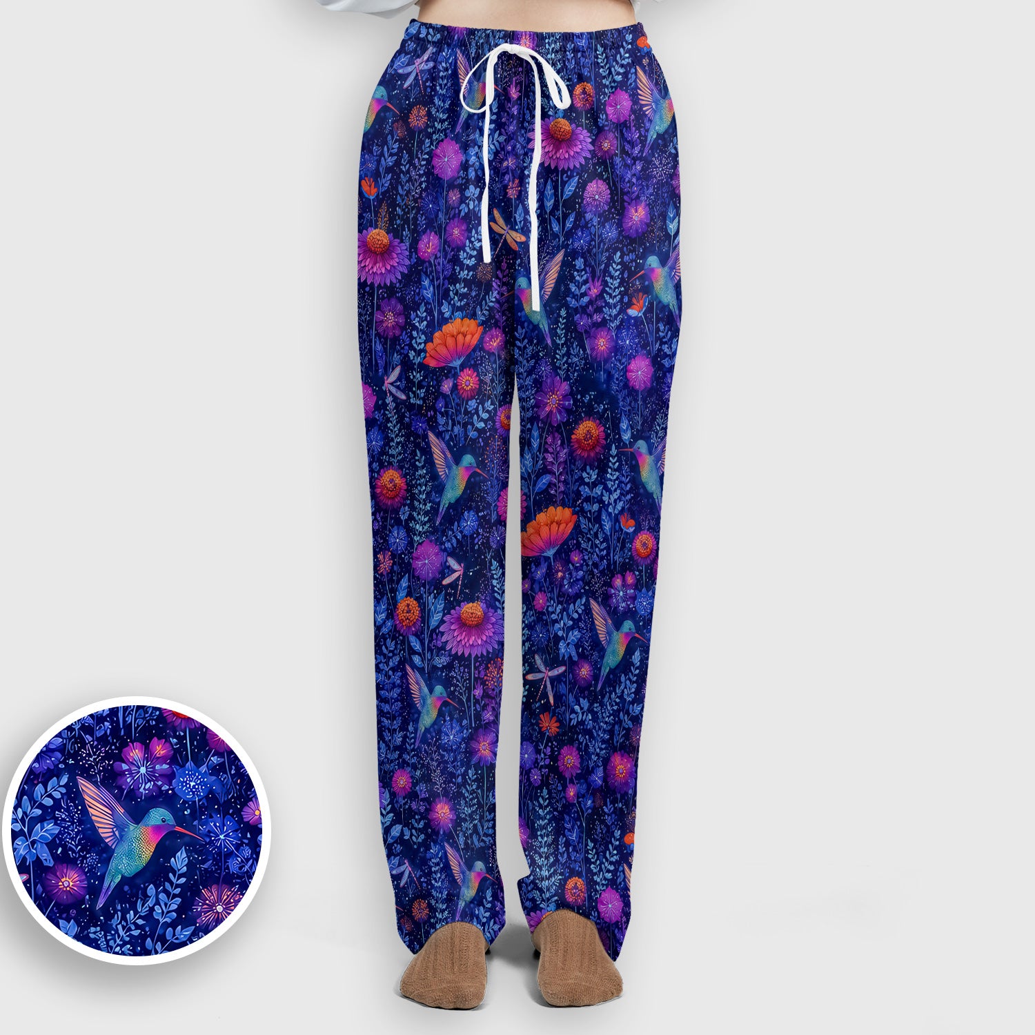 Enchanted Hummingbird Wildflower Garden Pattern Scrub Set, Scrub Pants and V Neck Top