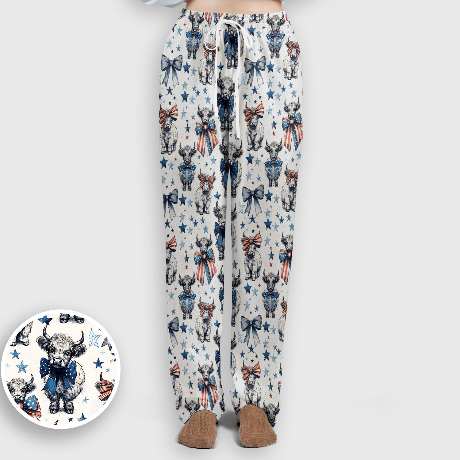 Patriotic Highland Cow Stars Pattern Scrub Set, Scrub Pants and V Neck Top