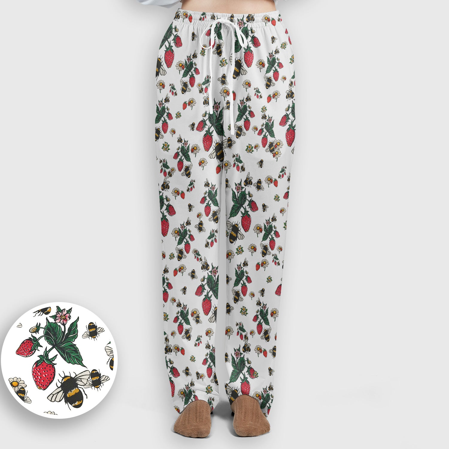 Cute Strawberry Bee Daisy Floral Pattern Scrub Set, Scrub Pants and V Neck Top