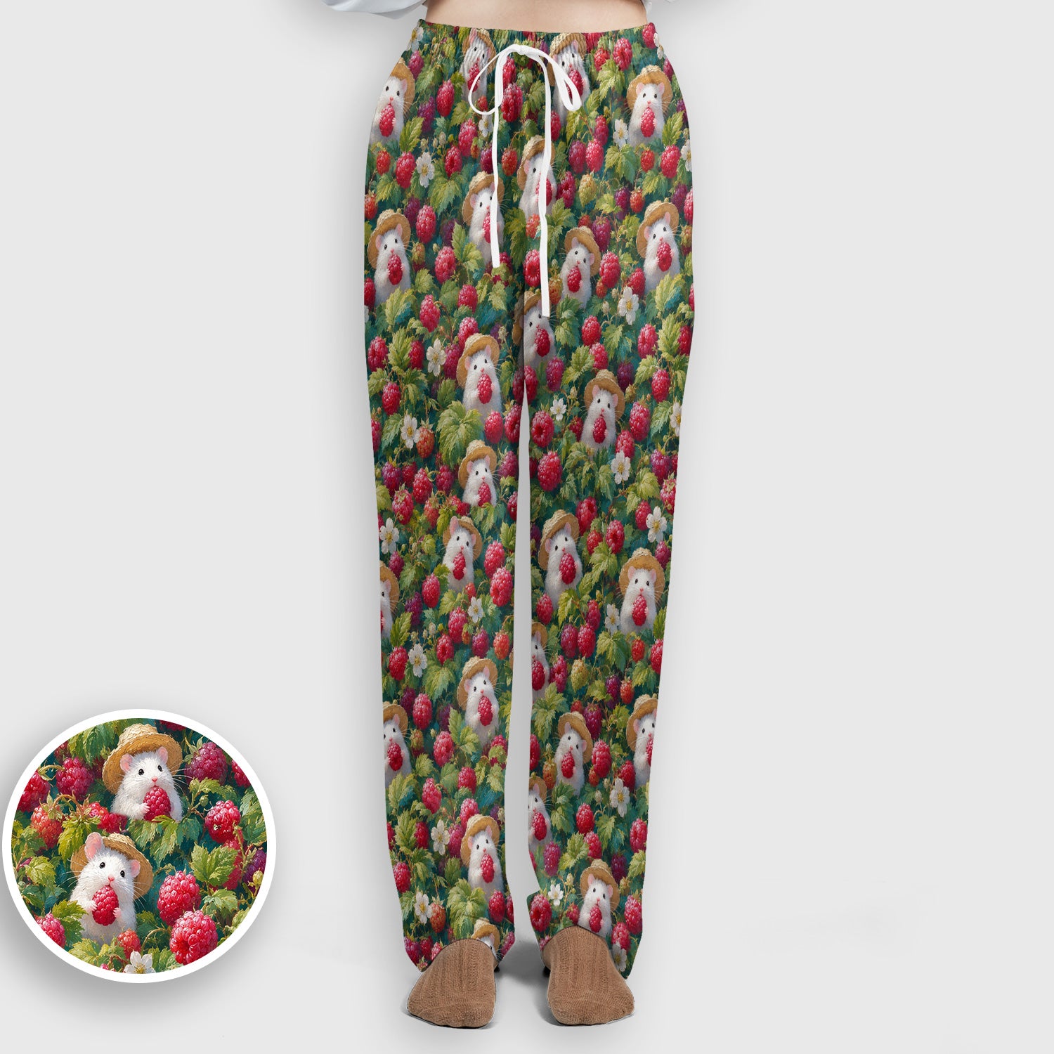 Cute Raspberry Mouse Garden Pattern Scrub Set, Scrub Pants and V Neck Top