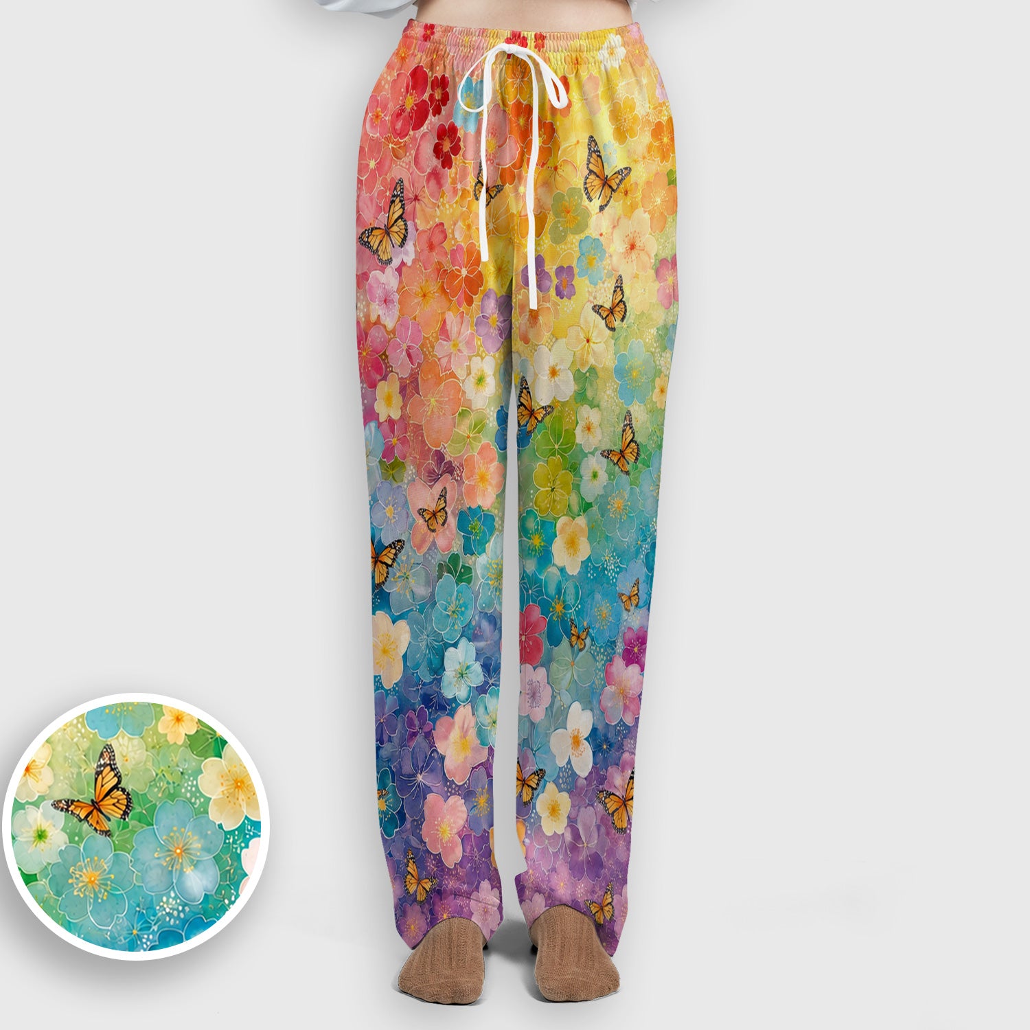Rainbow Butterfly Floral Blossom Pattern Scrub Set, Scrub Pants and V Neck Top