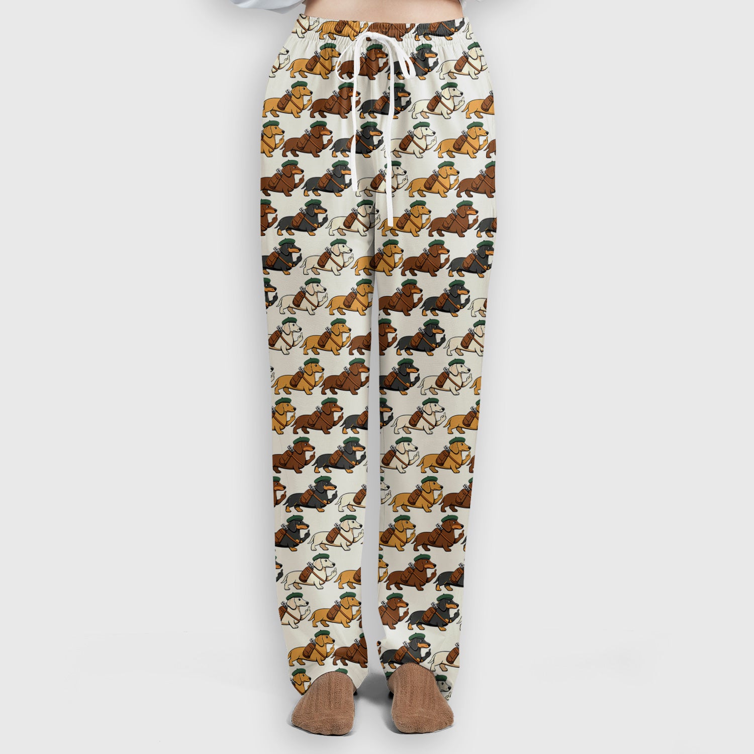 Cartoon Dachshund Dog Wearing Hat And Backpack Pattern Scrub Set, Scrub Pants and V Neck Top