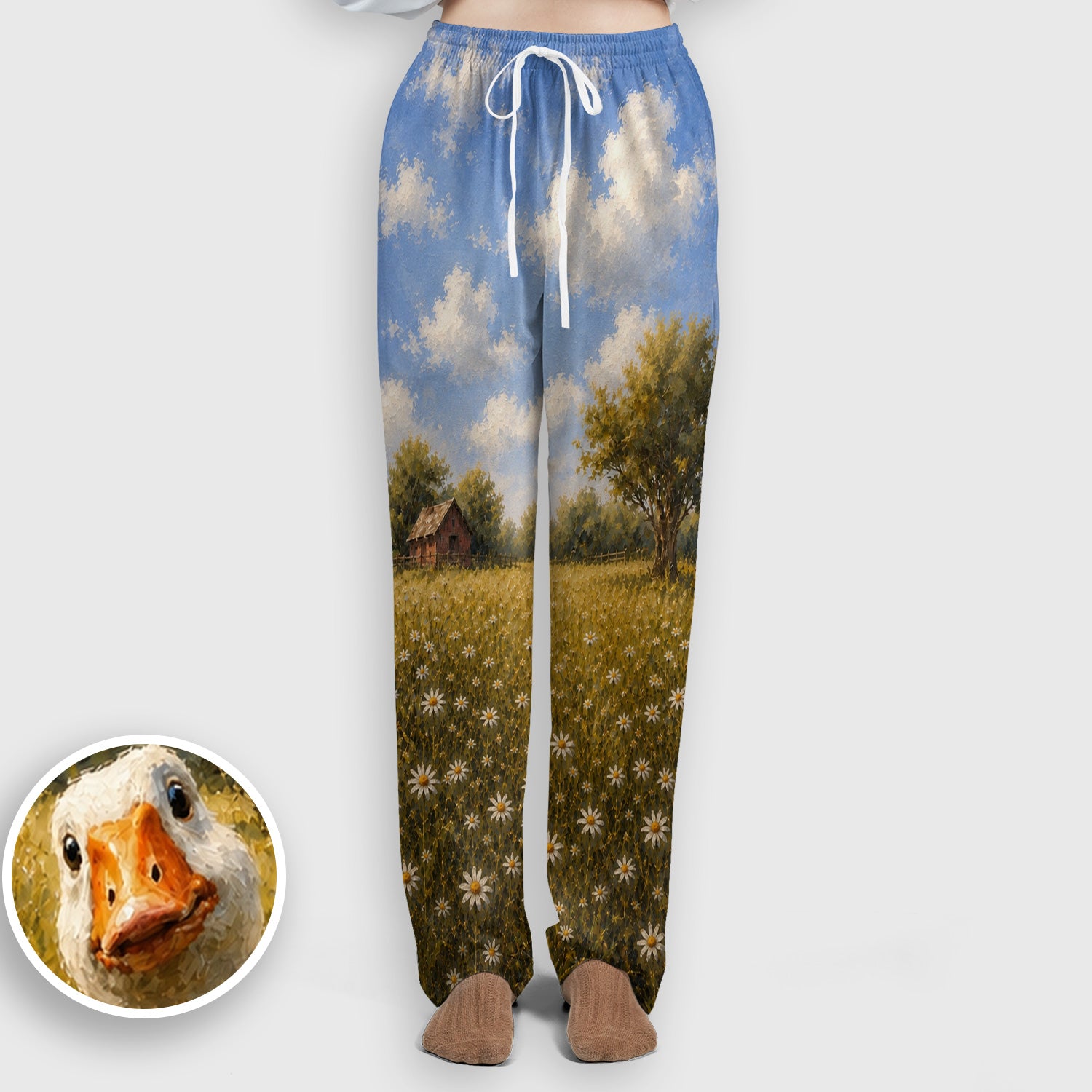 Cute Farmhouse Goose Meadow Pattern Scrub Set, Scrub Pants and V Neck Top
