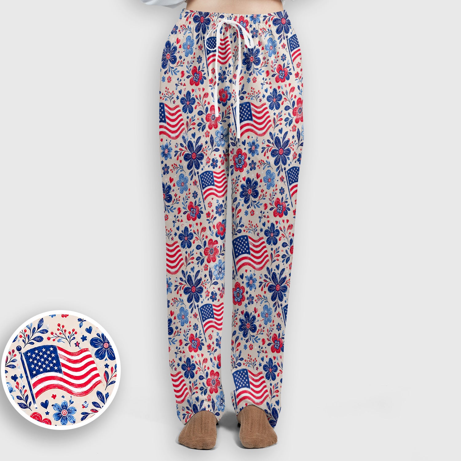 Patriotic Flag Floral Nurse Pattern Scrub Set, Scrub Pants and V Neck Top