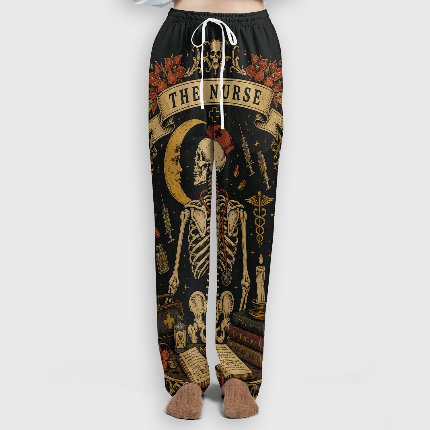 Breast Cancer Skeleton Nurse Scrub Set, Scrub Pants and V Neck Top