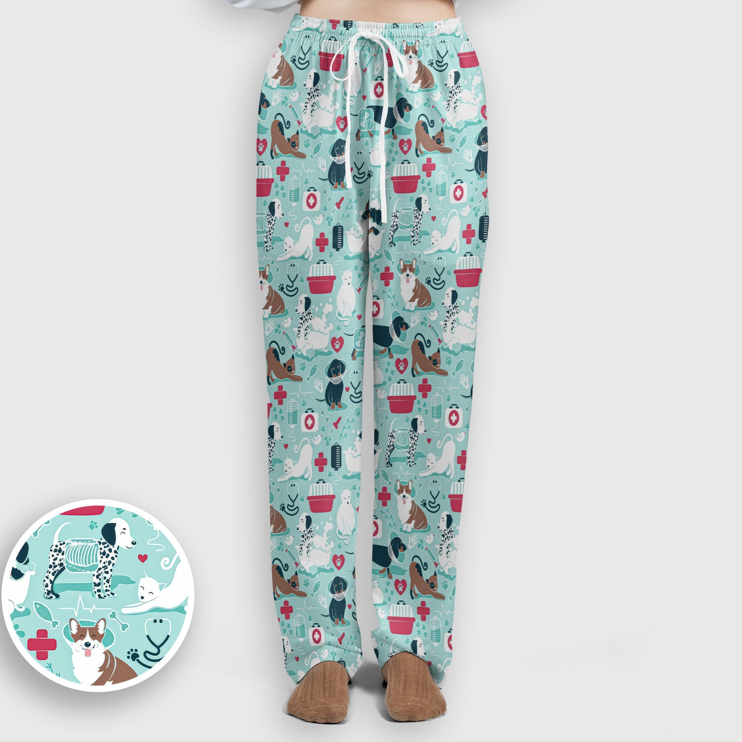Dogs With Veterinary Tools And Paw Print Scrub Set, Breathable Med Uniform