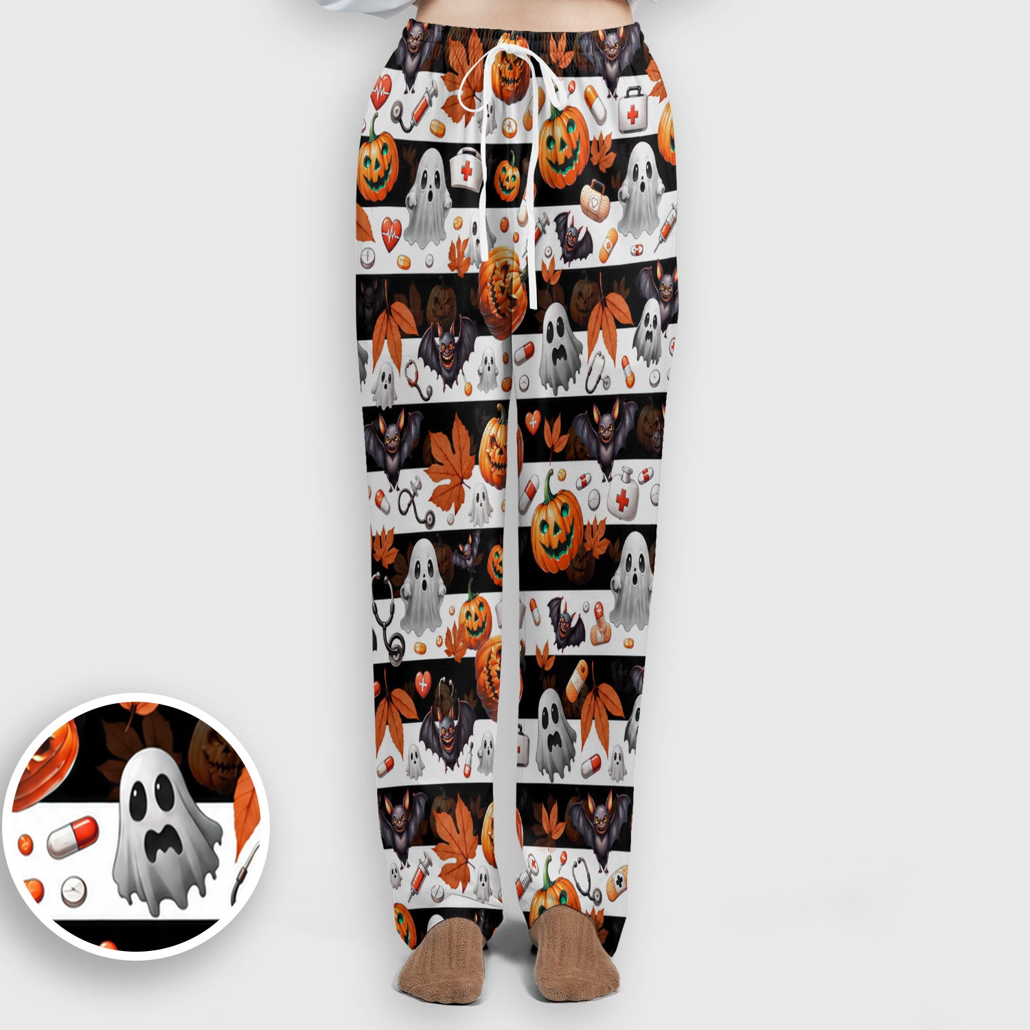 Halloween Ghost And Medical Icons Scrub Set, Scrub Pants and V Neck Top