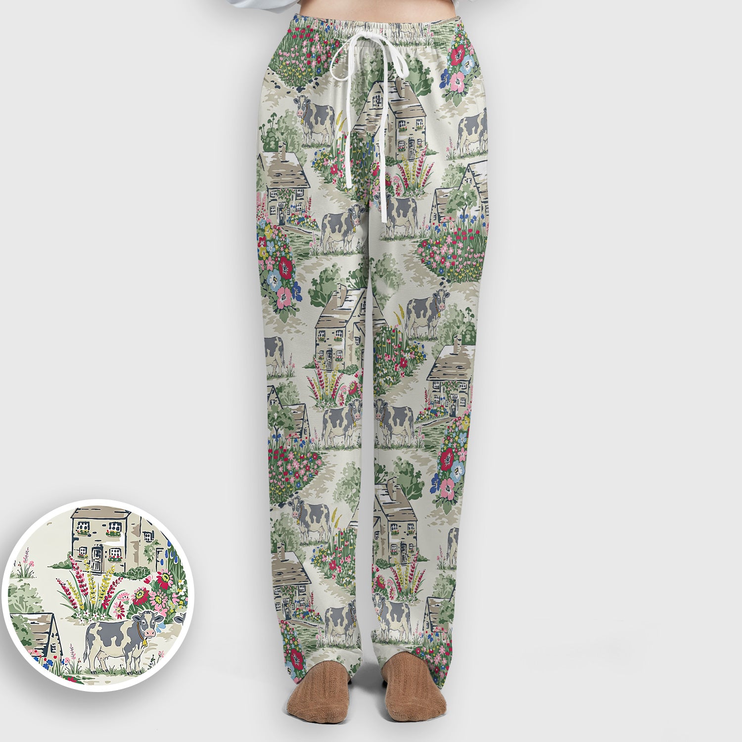 Charming Countryside Cows Cottage Garden Pattern Scrub Set, Scrub Pants and V Neck Top