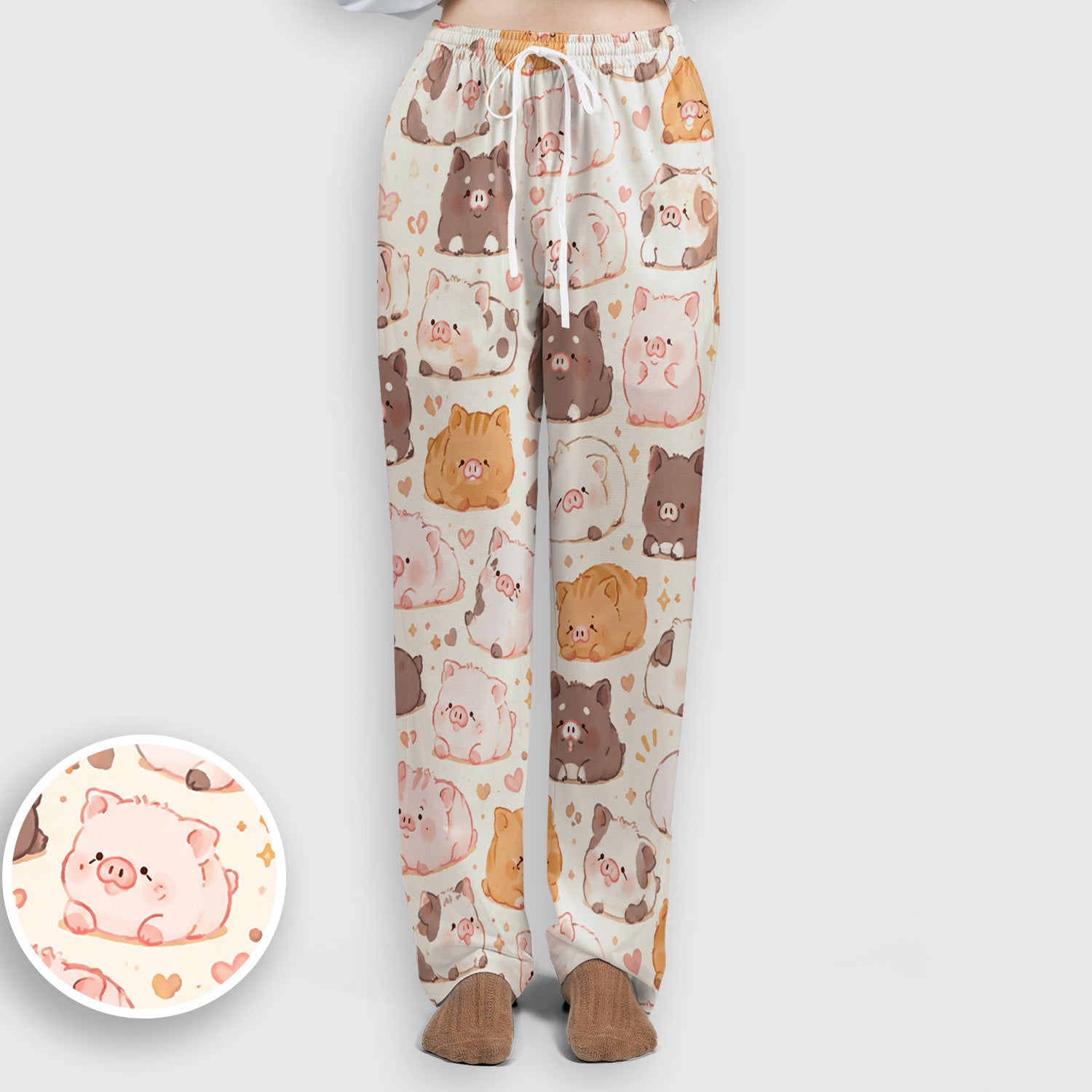 Cute Chubby Pig Nurse Print Scrub Set, Scrub Pants and V Neck Top