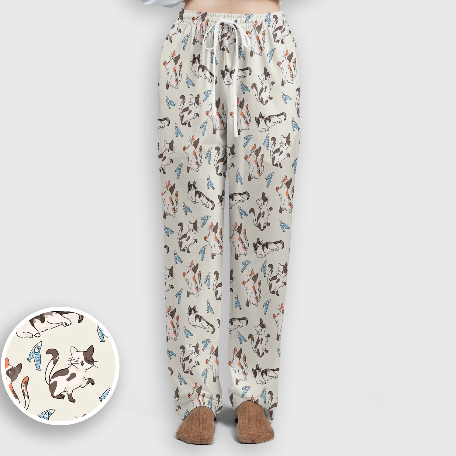 Cute Playful Cats With Fish Pattern Nurse Scrub Set, Scrub Pants and V Neck Top