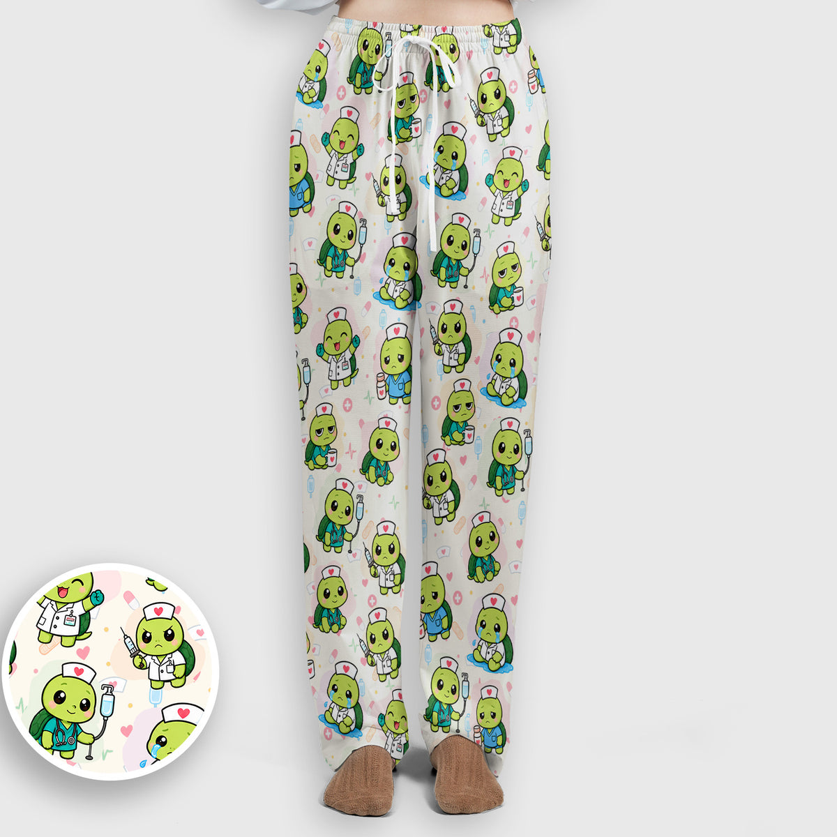 Cute Nurse Turtle Medical Icons Scrub Set, Scrub Pants and V Neck Top