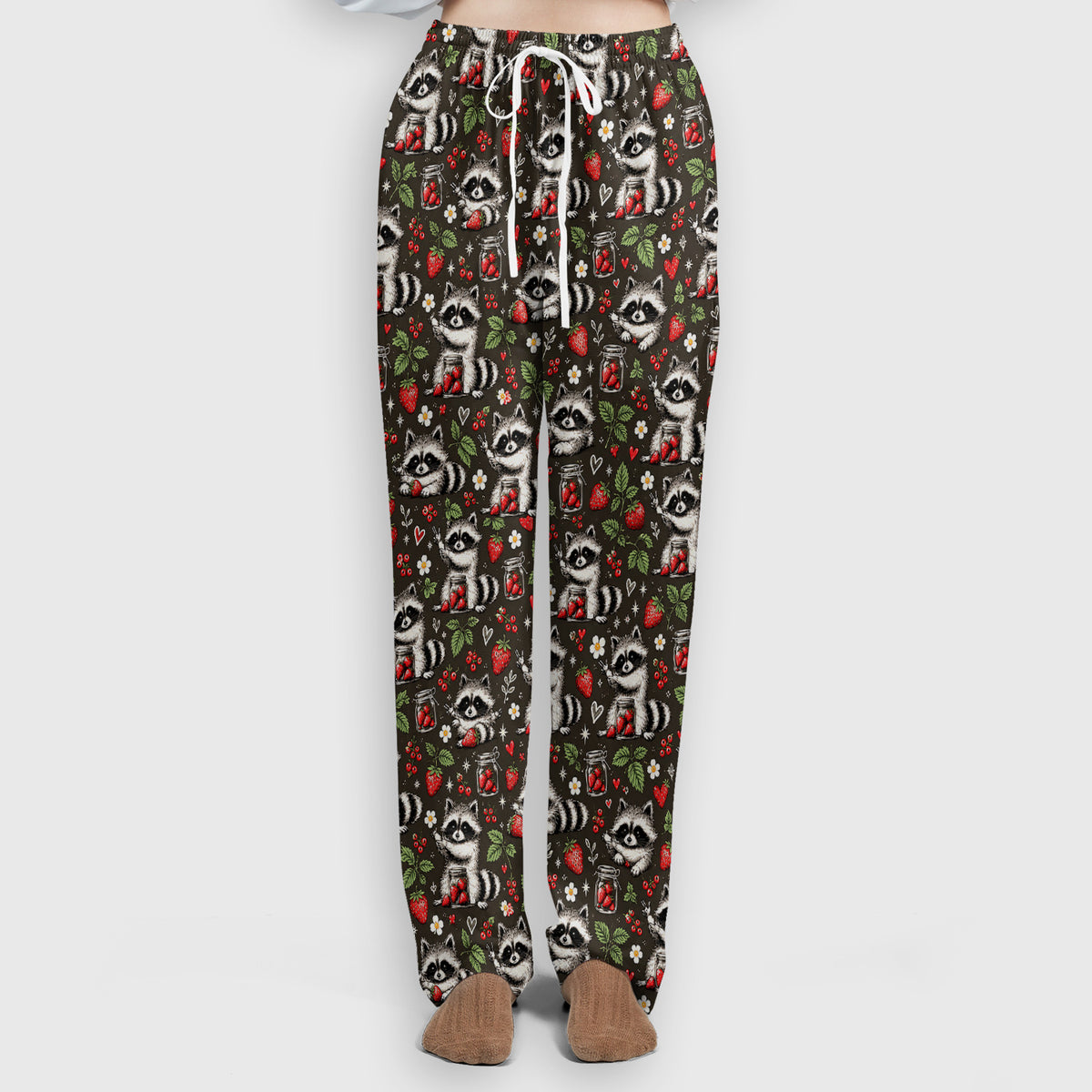 Cute Raccoons And Strawberries Pattern Scrub Set, Scrub Pants and V Neck Top