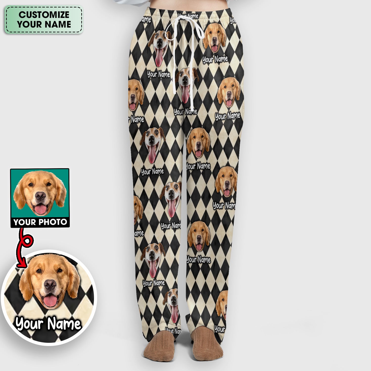 Personalized Pet Portrait Argyle Scrub Set, Scrub Pants and V Neck Top