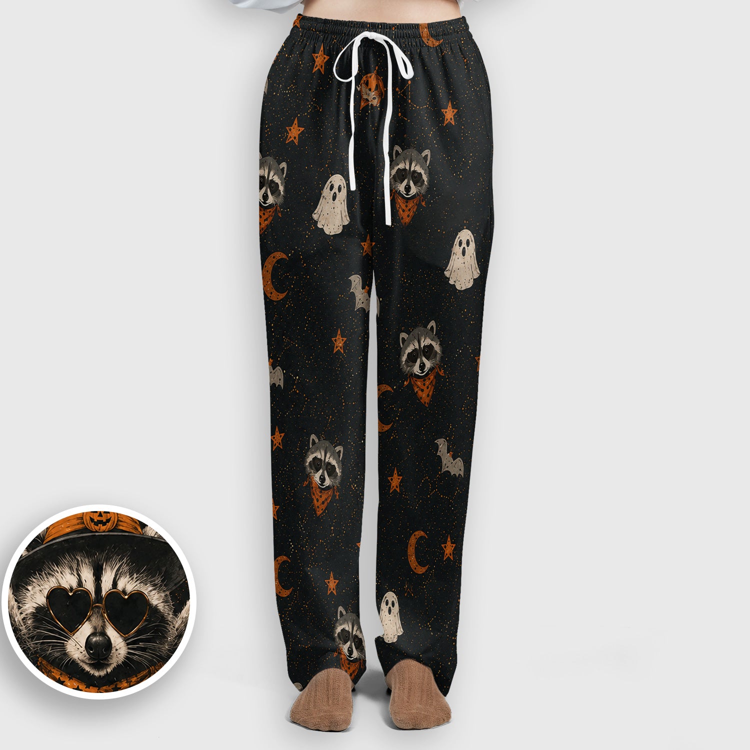 Ghost Pumpkin Raccoon Pattern Scrub Set, Scrub Pants and V Neck Top