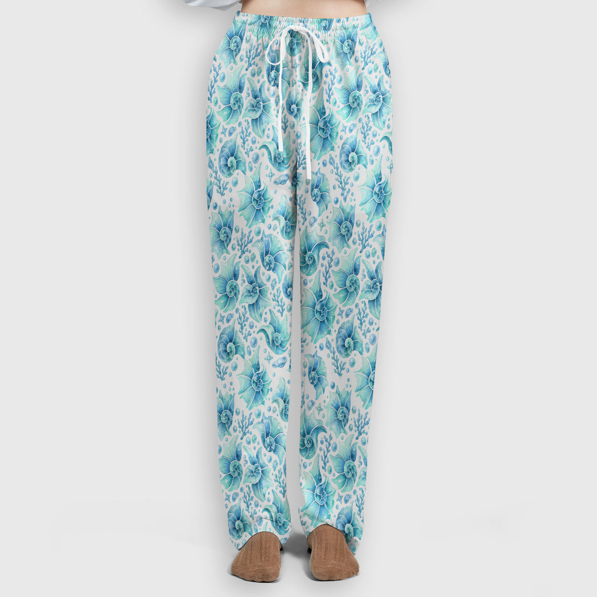 Blue Watercolor Seashell Pattern Scrub Set, Scrub Pants and V Neck Top