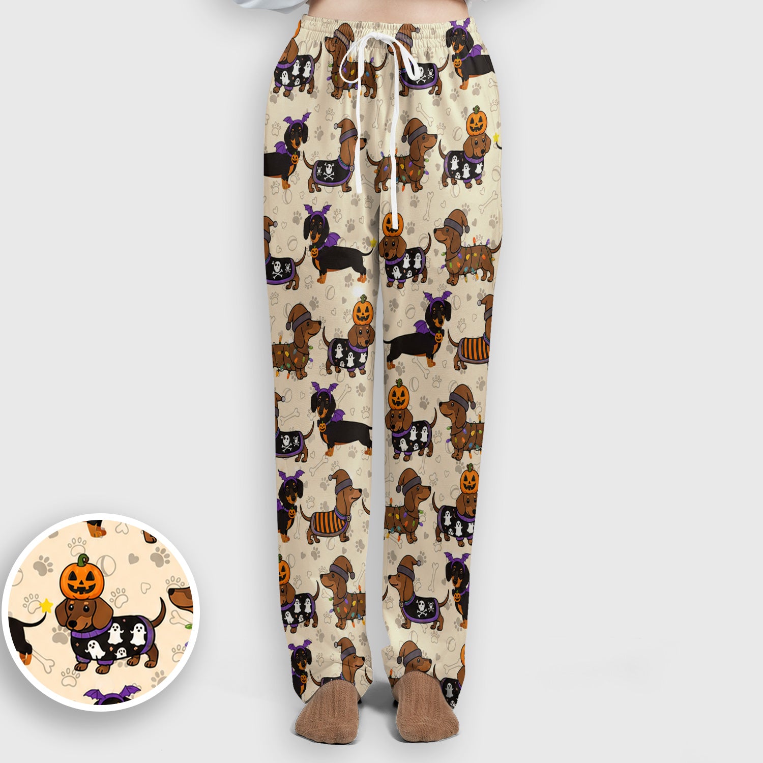 Halloween Dachshund with Pumpkin Ghost Print Scrub Set, Scrub Pants and V Neck Top