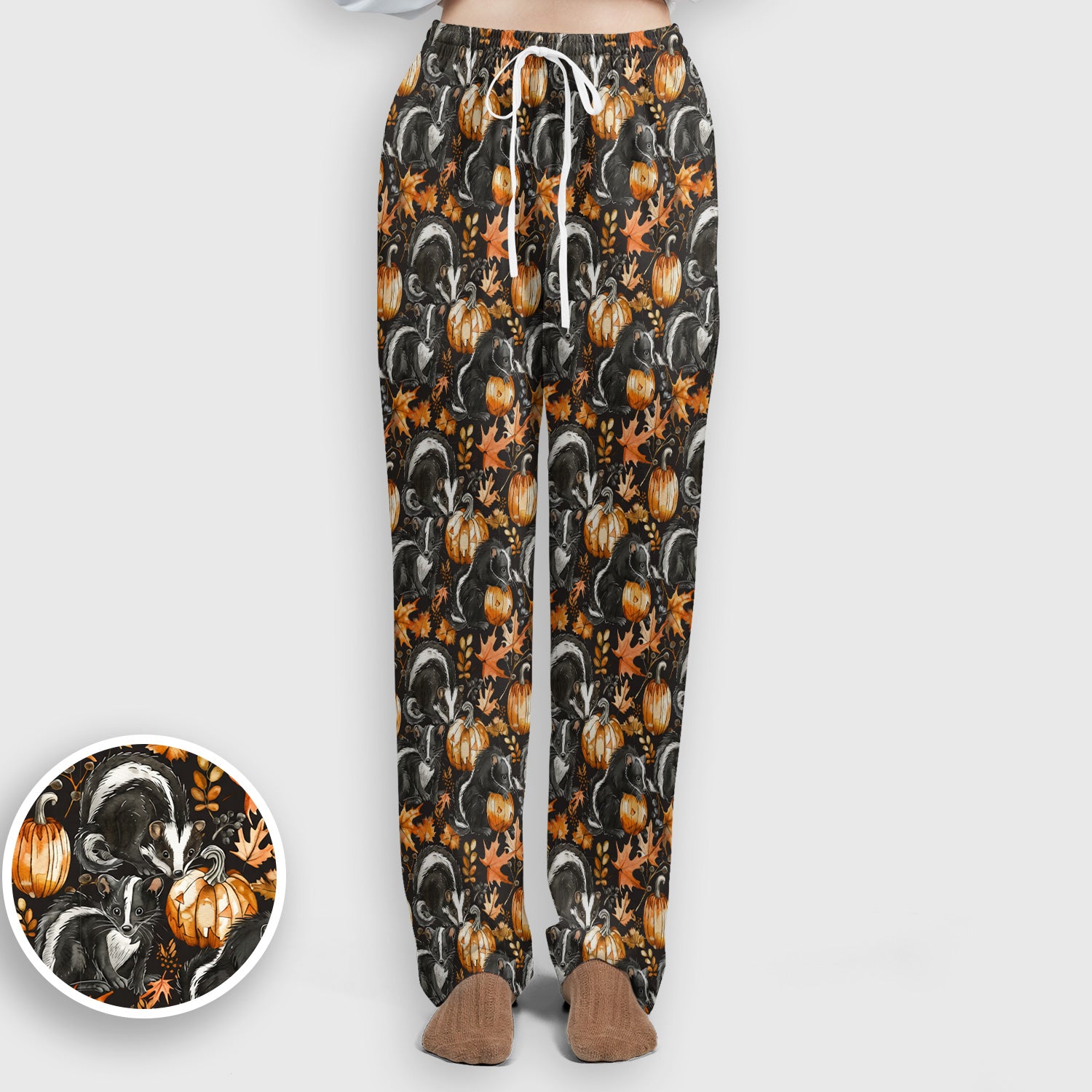 Skunk Pumpkin with Autumn Leaves Pattern Scrub Set, Scrub Pants and V Neck Top