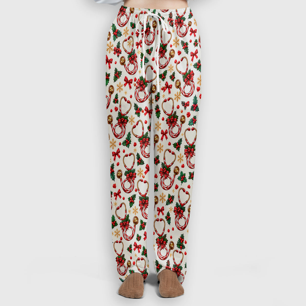 Christmas Candy Cane Stethoscope Pattern Scrub Set, Scrub Pants and V Neck Top