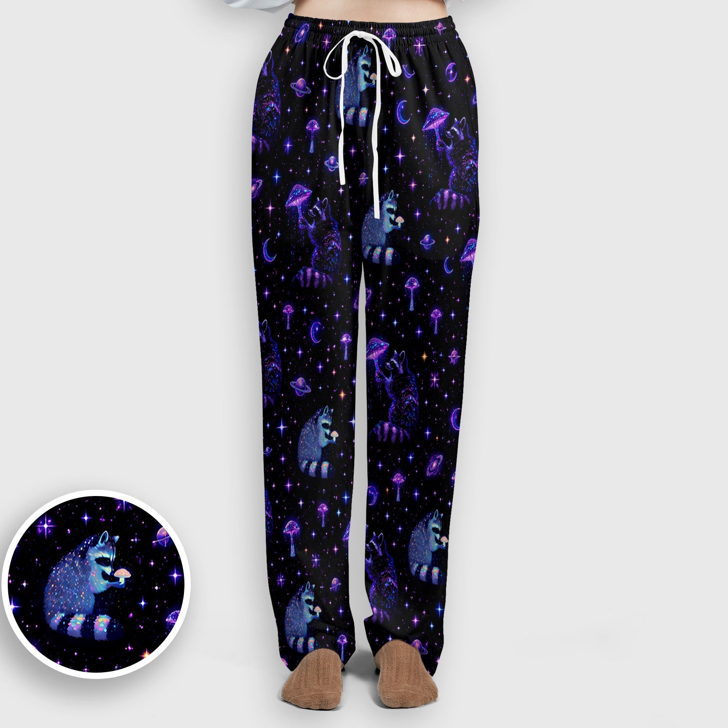 Cute Raccoon Mushroom Galaxy Pattern Scrub Set, Scrub Pants and V Neck Top