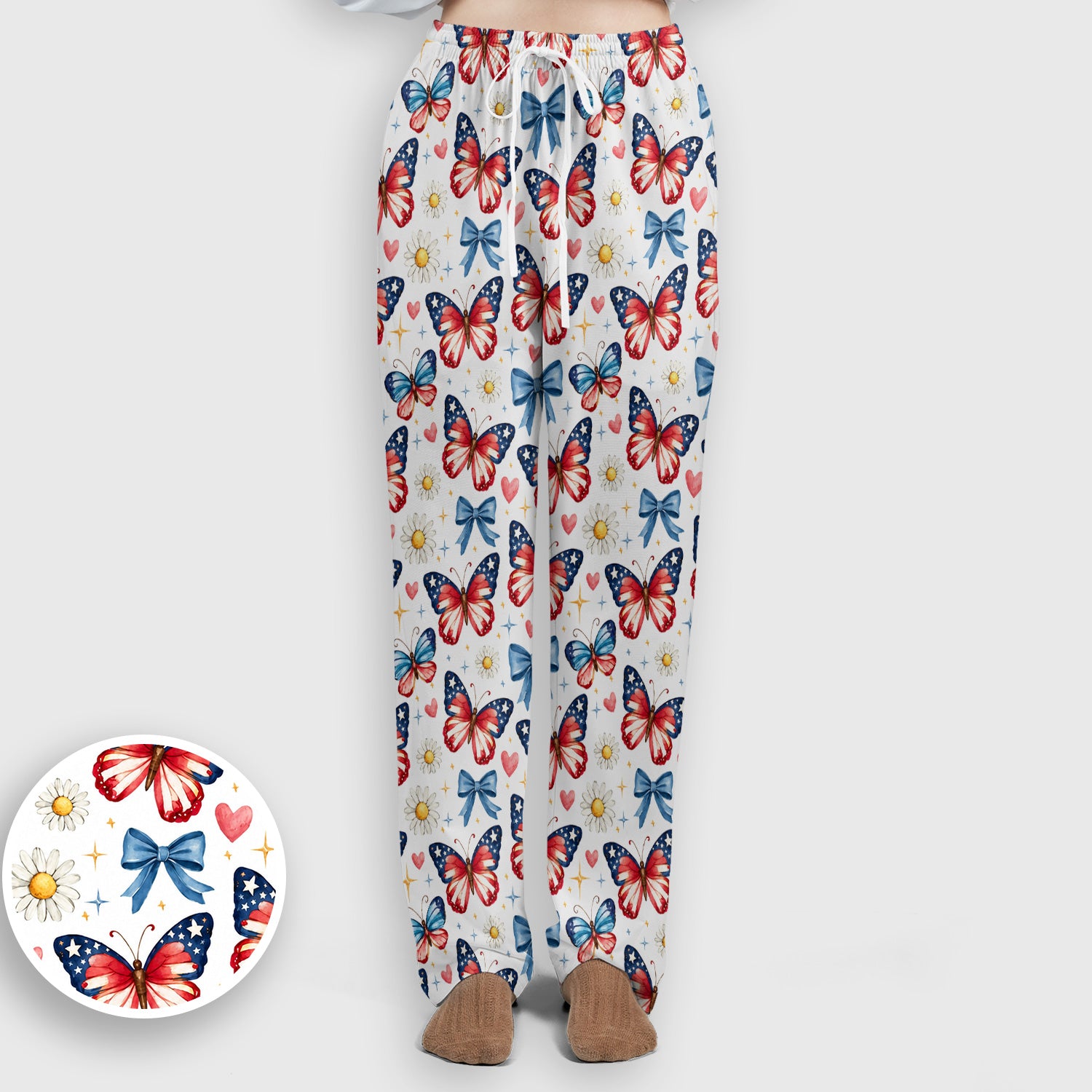 Patriotic Butterfly Bow Daisy Pattern Scrub Set, Scrub Pants and V Neck Top