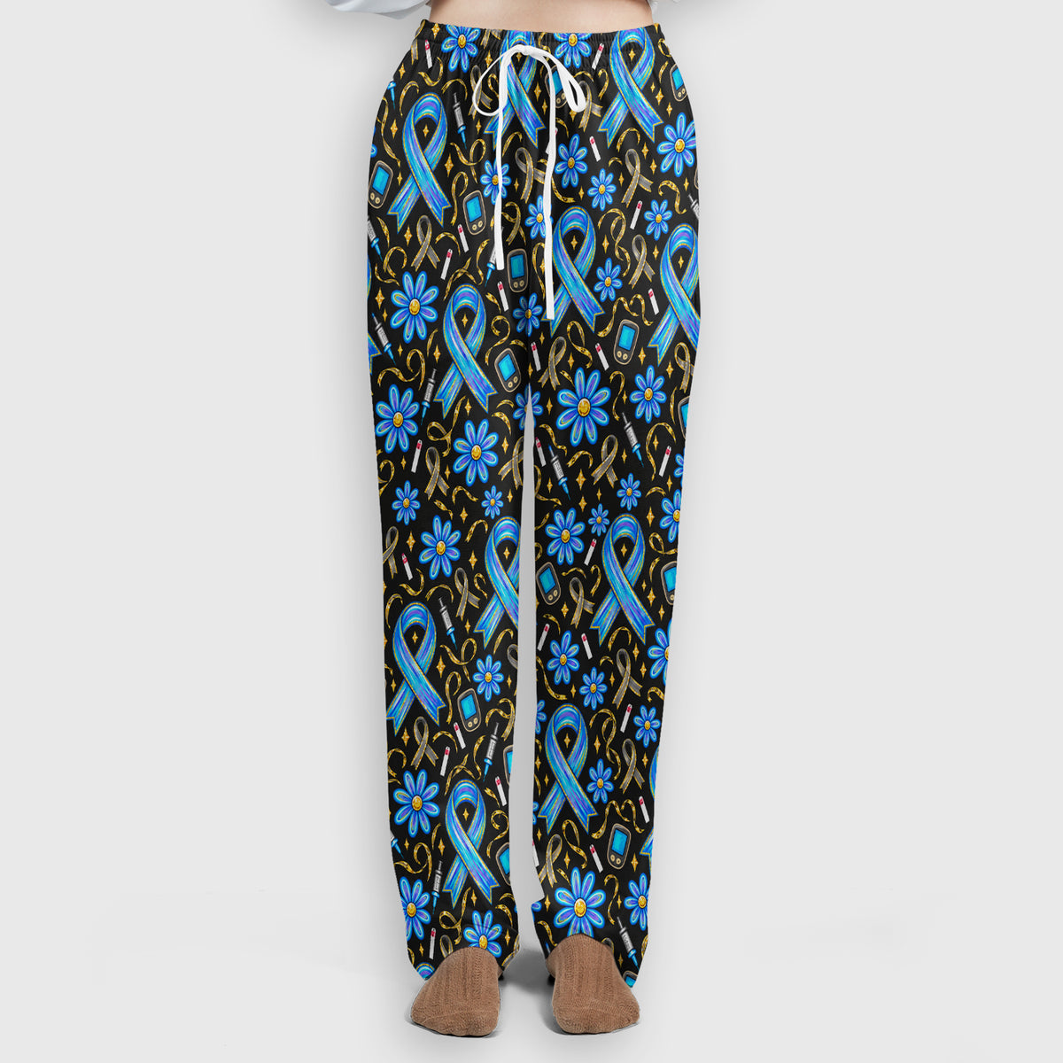 Diabetes Awareness Ribbon Pattern Scrub Set, Scrub Pants and V Neck Top