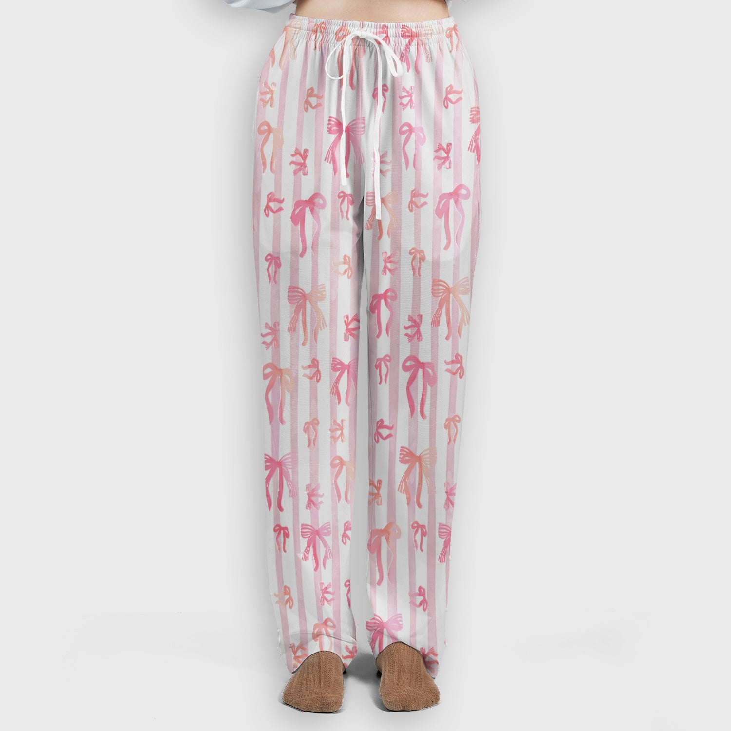 Pink Bow Stripe Pattern Print Scrub Set, Scrub Pants and V Neck Top