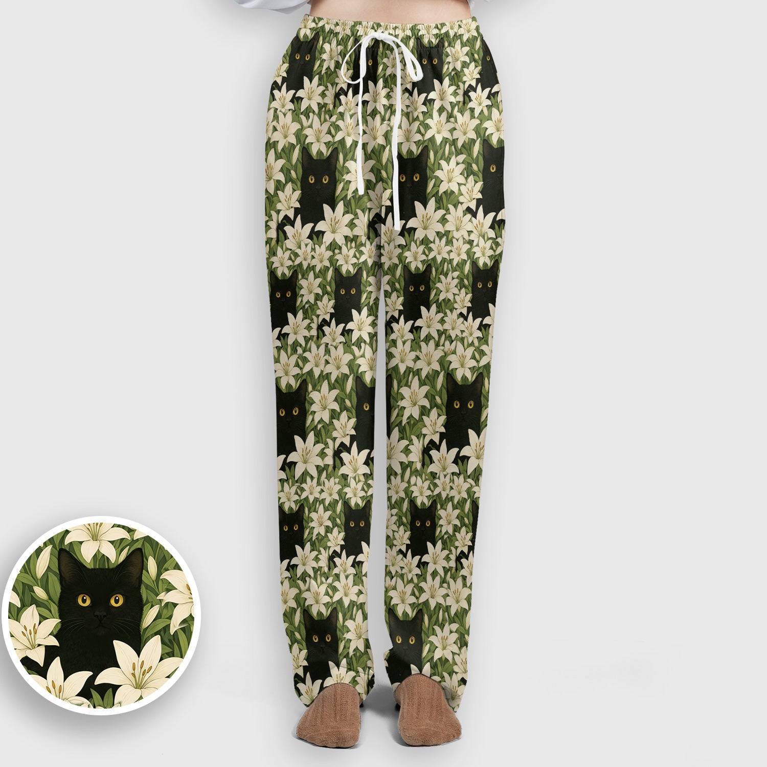 Black Cat Hidden In Lily Garden Pattern Scrub Set, Scrub Pants and V Neck Top