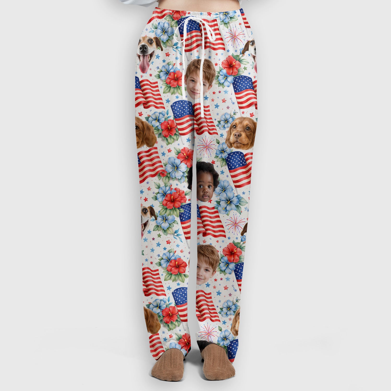 Custom Photo Patriotic Kids & Pet Faces Flag Nurse Scrub Set, Scrub Pants and V Neck Top