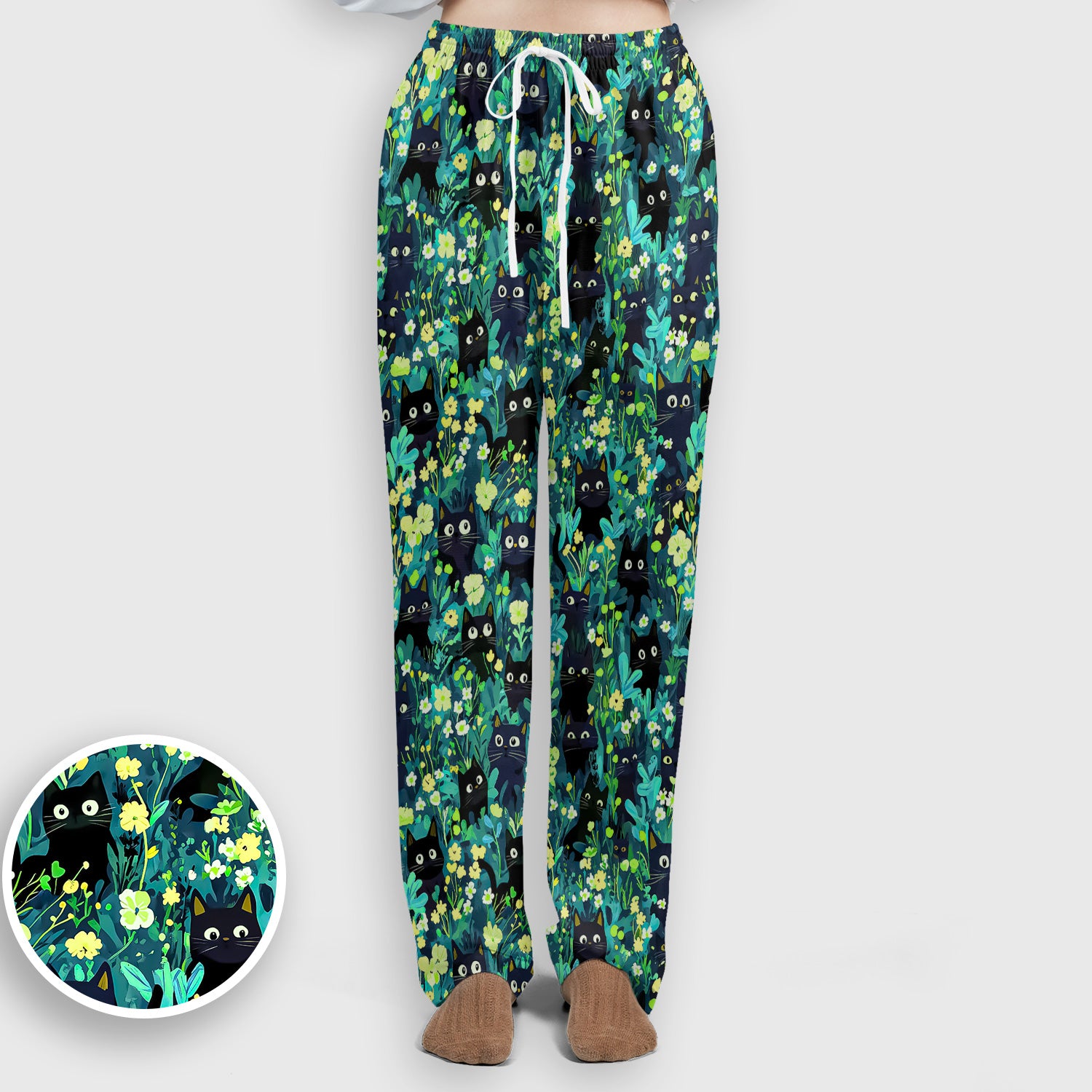 Black Cat Floral Pattern Scrub Set, Scrub Pants and V Neck Top